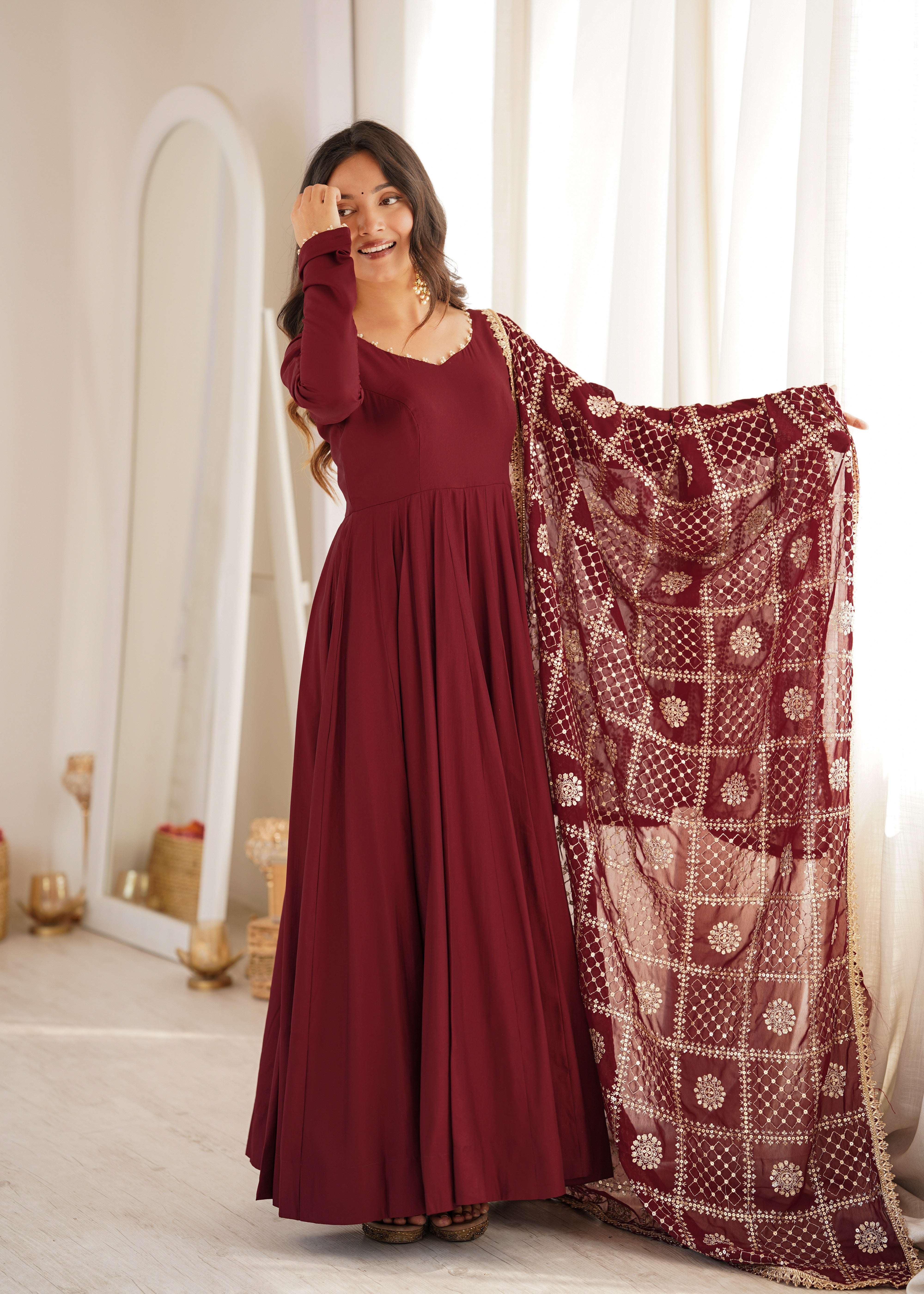 Premium Pure Romansilk Chanderi 16 Kali Flared Anarkali Gown with Embroidered Dupatta & Pant Set