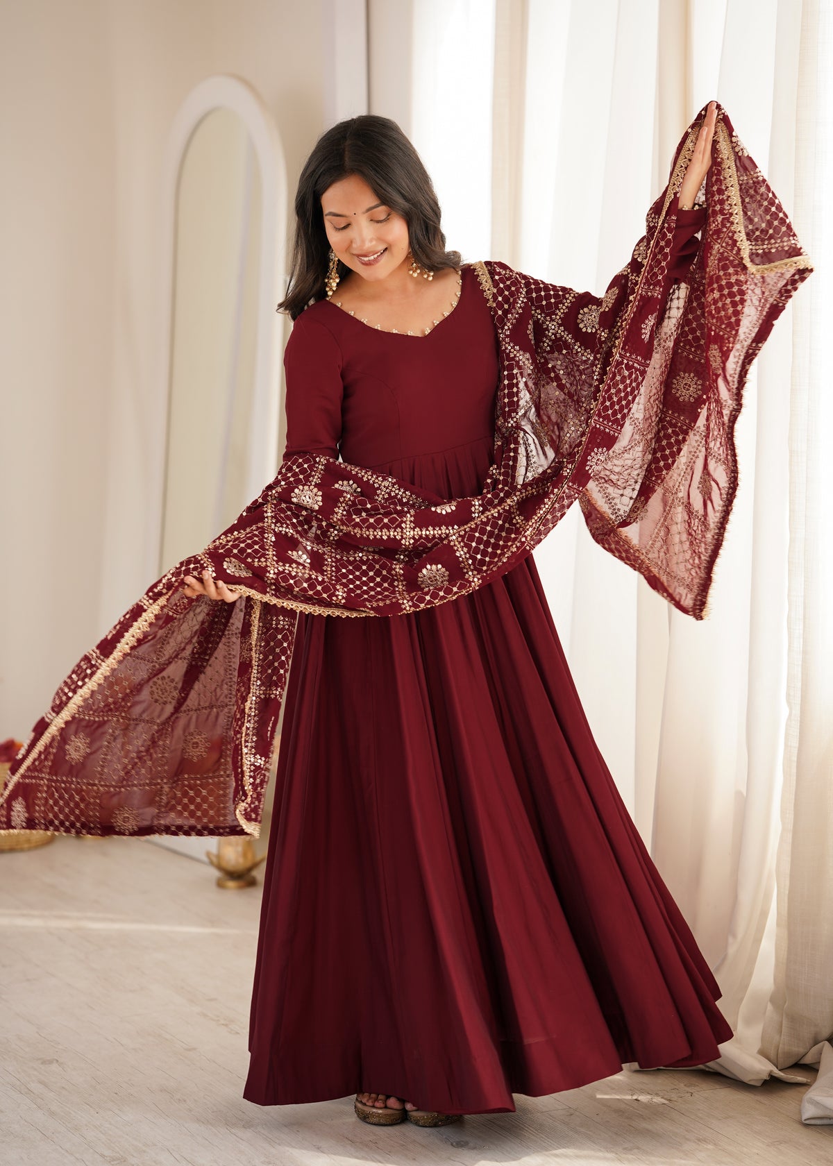 Premium Pure Romansilk Chanderi 16 Kali Flared Anarkali Gown with Embroidered Dupatta & Pant Set