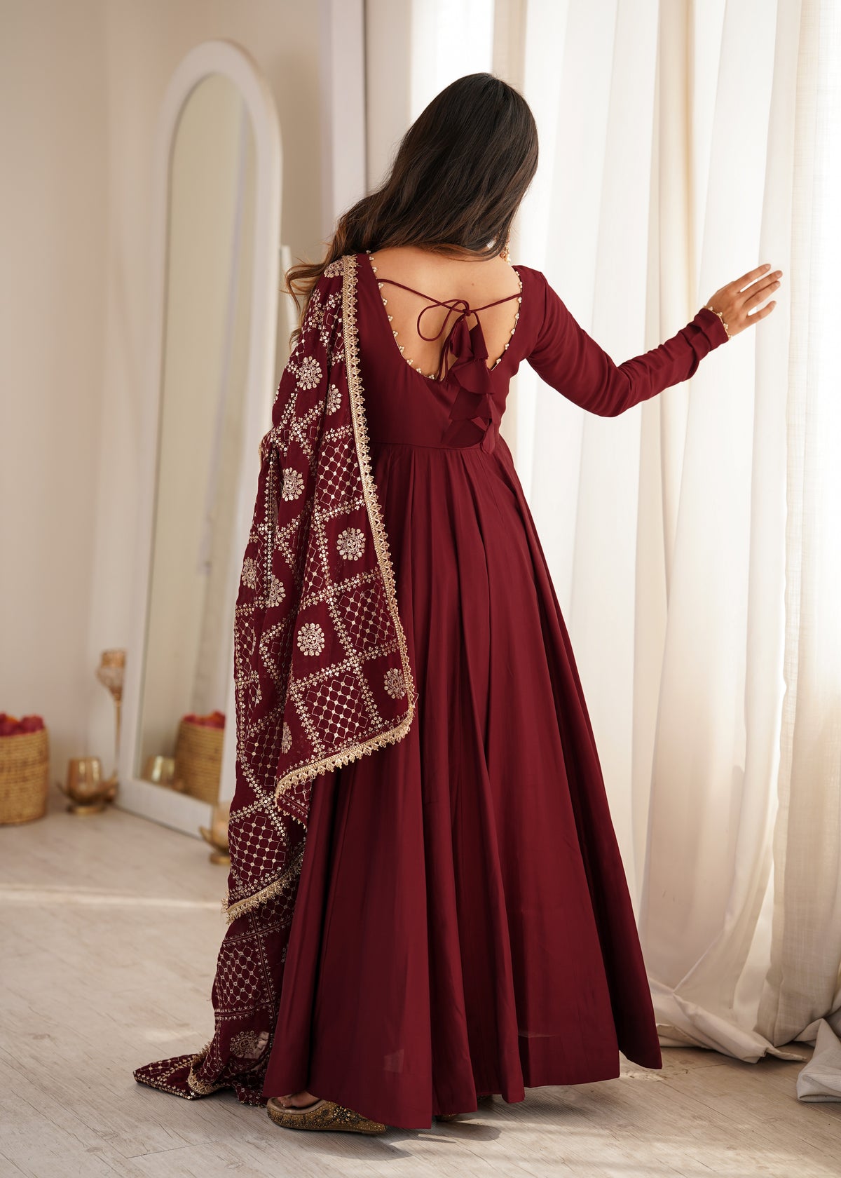 Premium Pure Romansilk Chanderi 16 Kali Flared Anarkali Gown with Embroidered Dupatta & Pant Set