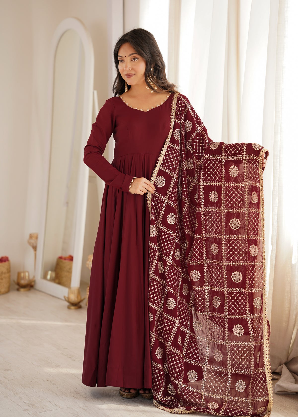 Premium Pure Romansilk Chanderi 16 Kali Flared Anarkali Gown with Embroidered Dupatta & Pant Set