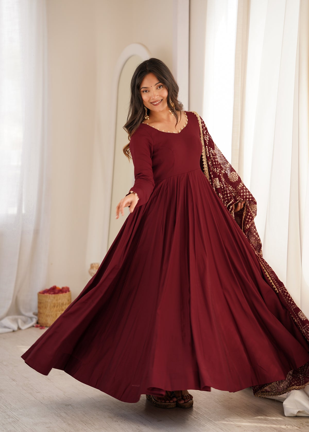 Premium Pure Romansilk Chanderi 16 Kali Flared Anarkali Gown with Embroidered Dupatta & Pant Set