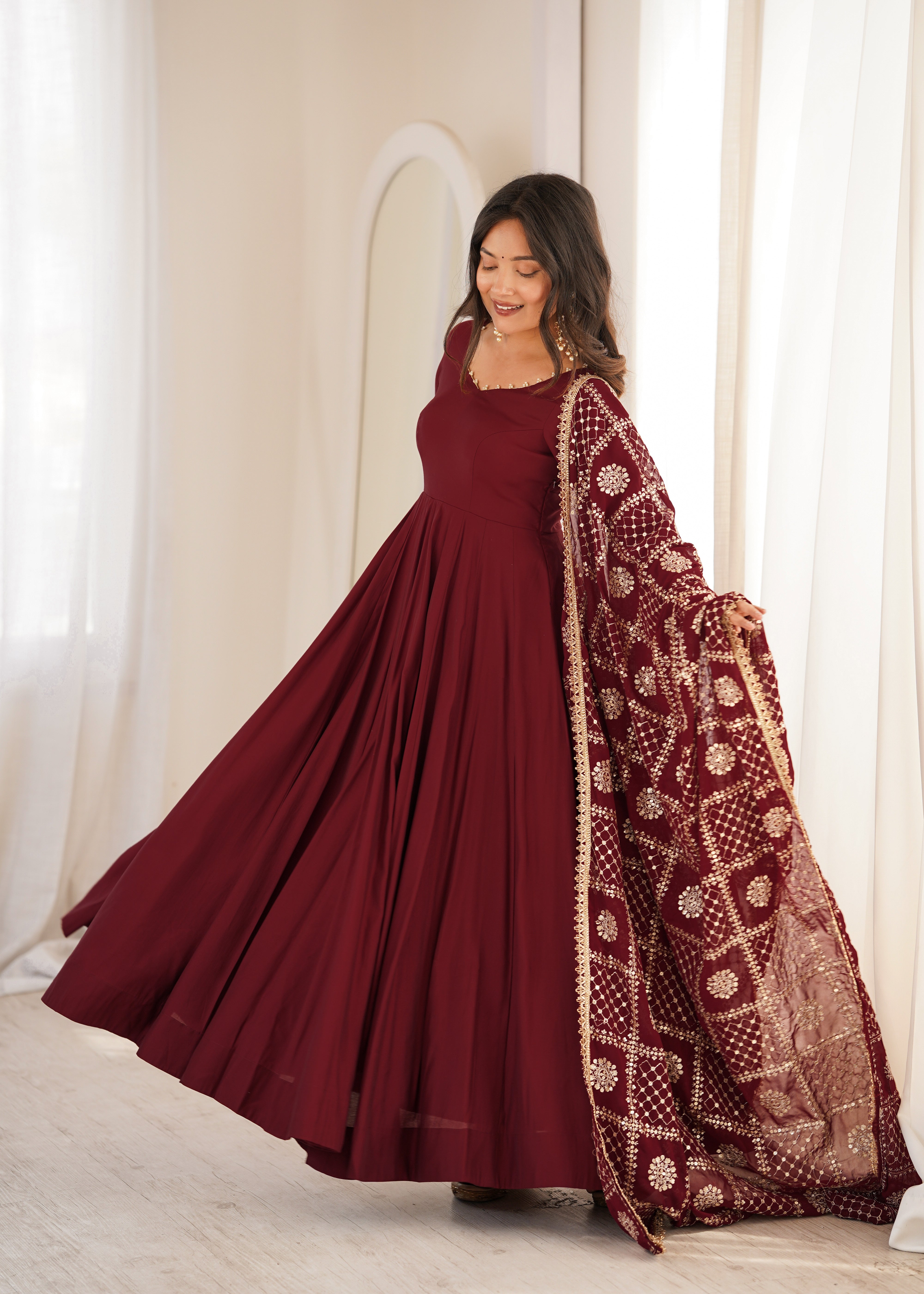 Premium Pure Romansilk Chanderi 16 Kali Flared Anarkali Gown with Embroidered Dupatta & Pant Set