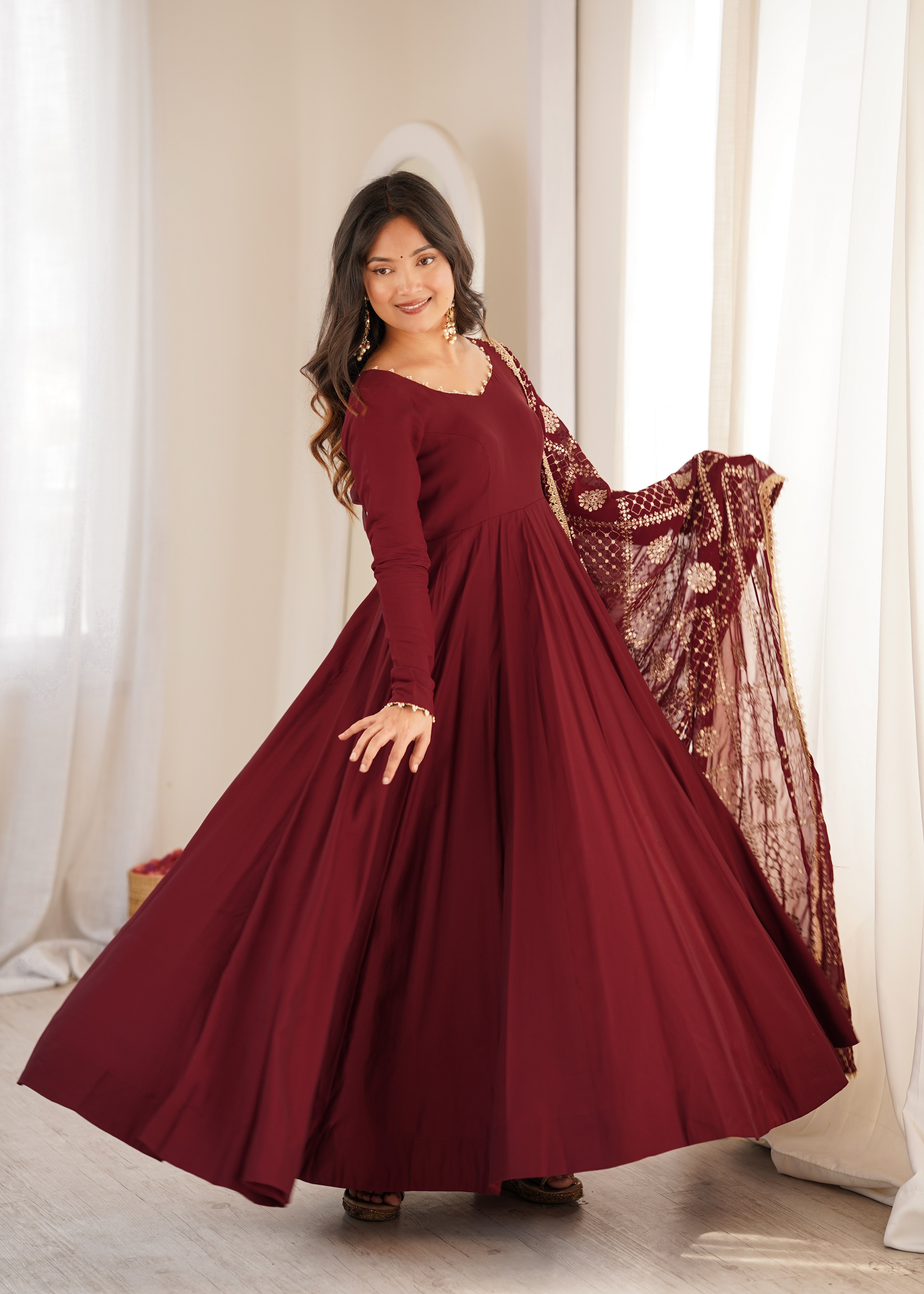 Premium Pure Romansilk Chanderi 16 Kali Flared Anarkali Gown with Embroidered Dupatta & Pant Set