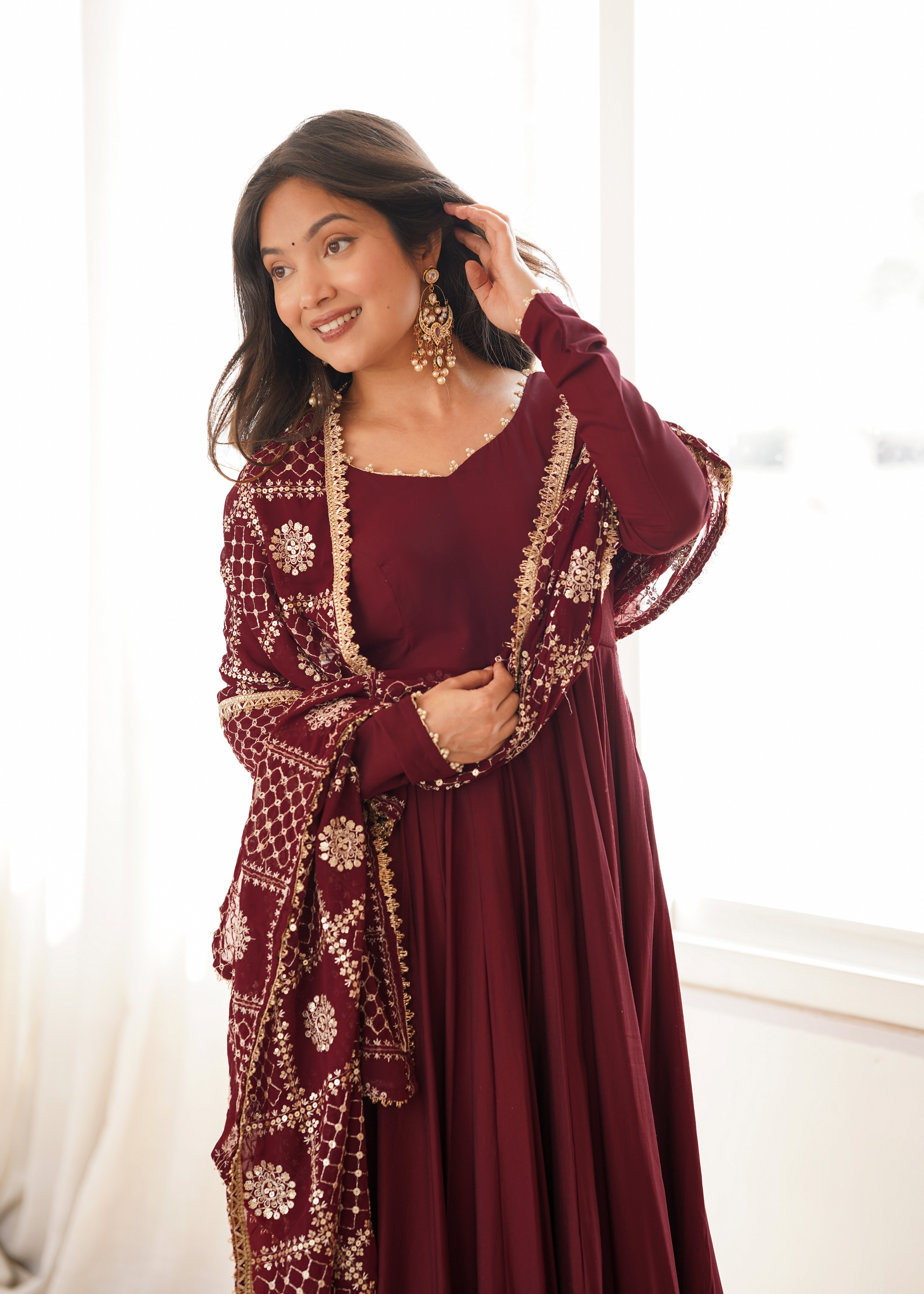 Premium Pure Romansilk Chanderi 16 Kali Flared Anarkali Gown with Embroidered Dupatta & Pant Set