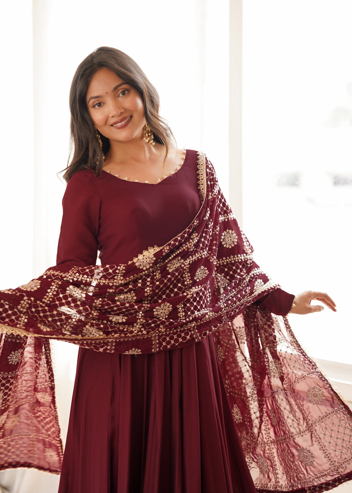 Premium Pure Romansilk Chanderi 16 Kali Flared Anarkali Gown with Embroidered Dupatta & Pant Set