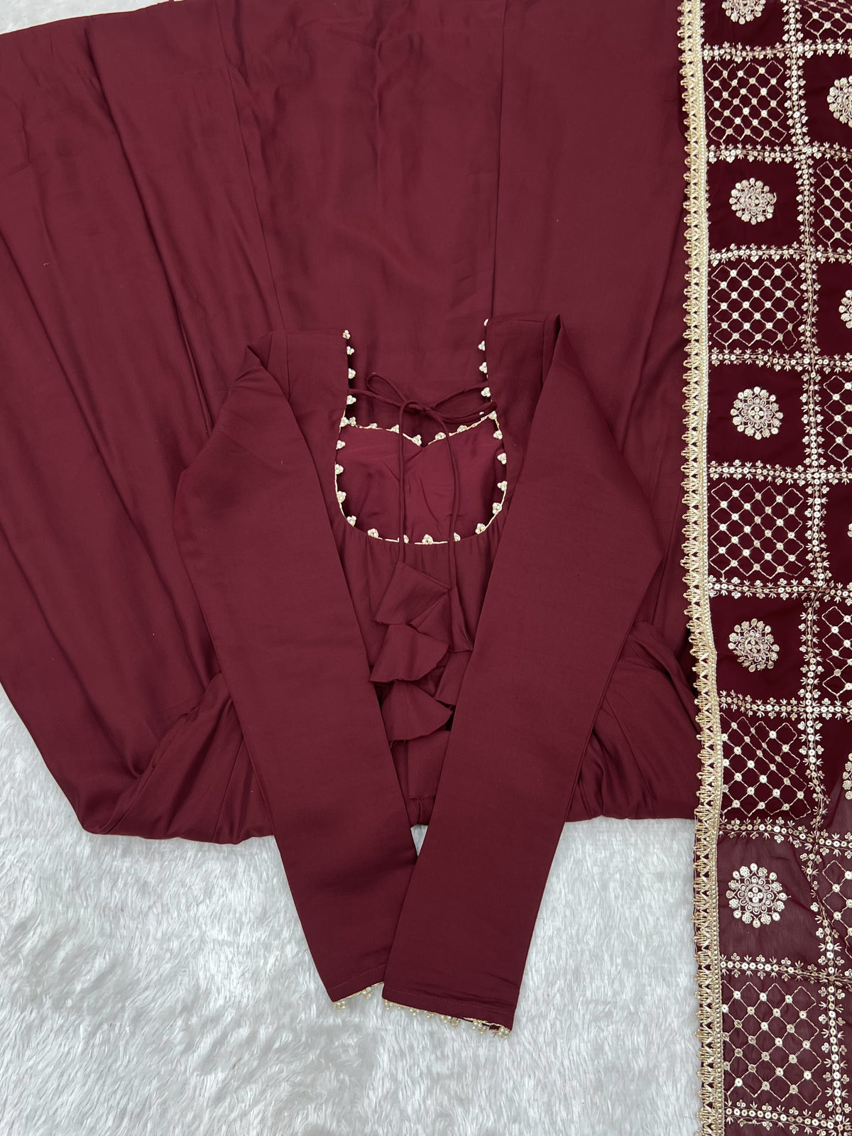 Premium Pure Romansilk Chanderi 16 Kali Flared Anarkali Gown with Embroidered Dupatta & Pant Set
