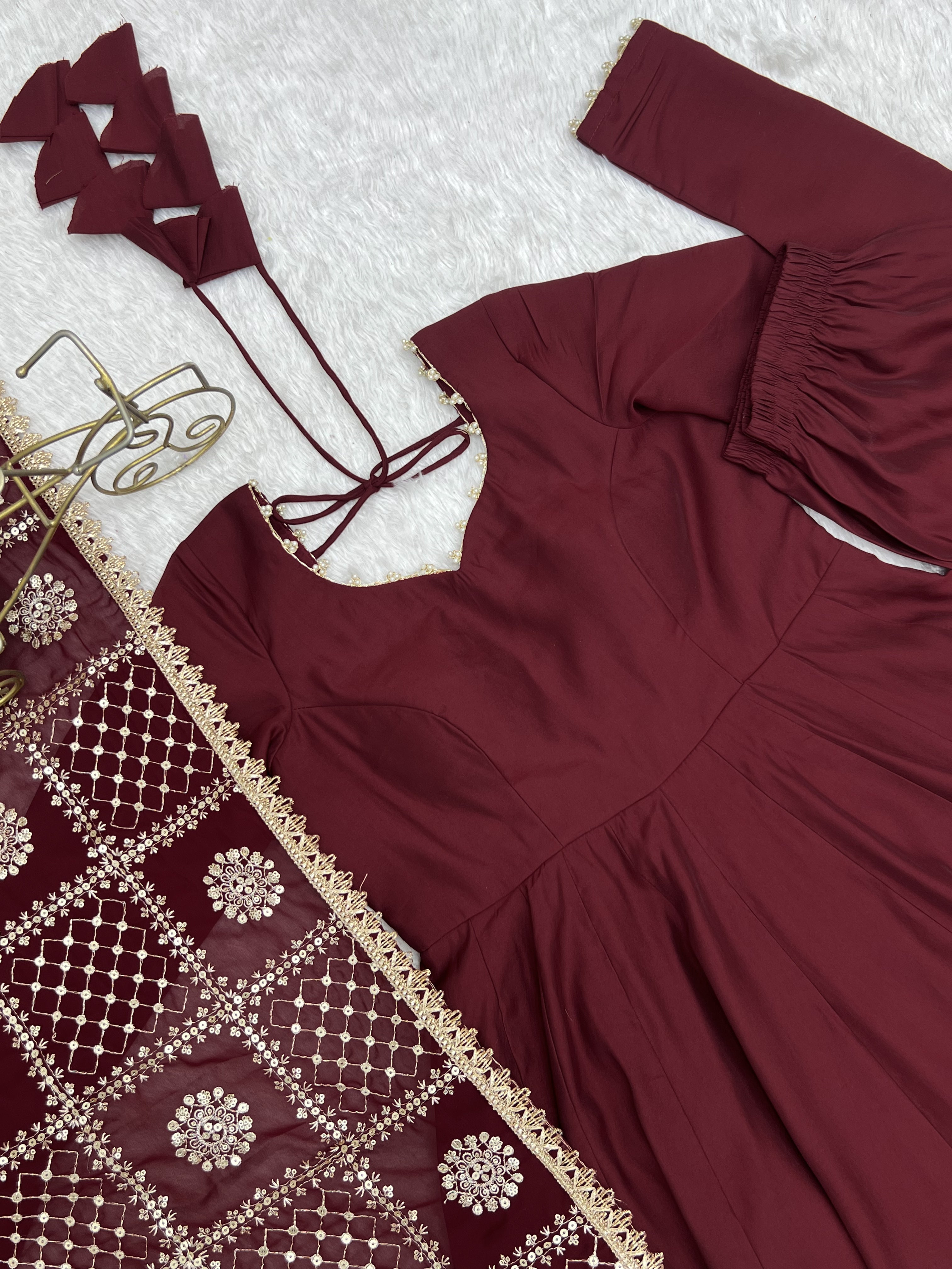 Premium Pure Romansilk Chanderi 16 Kali Flared Anarkali Gown with Embroidered Dupatta & Pant Set