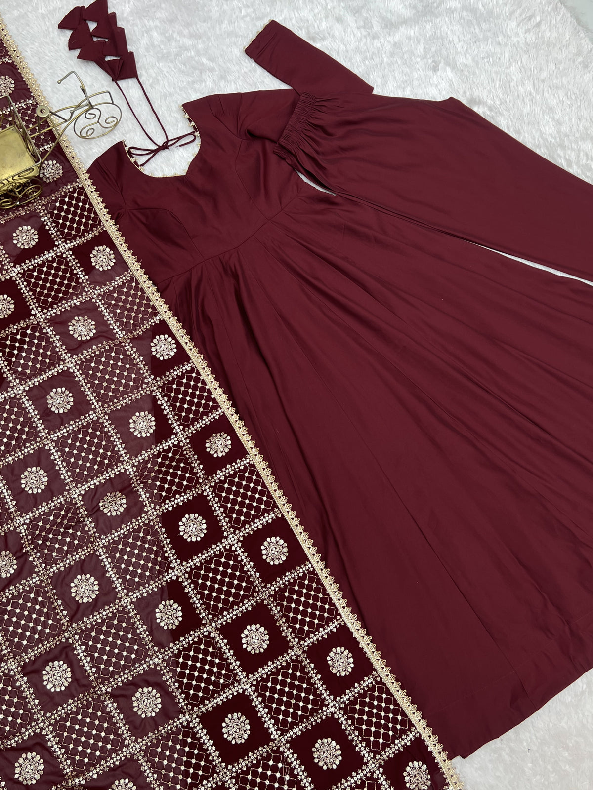 Premium Pure Romansilk Chanderi 16 Kali Flared Anarkali Gown with Embroidered Dupatta & Pant Set