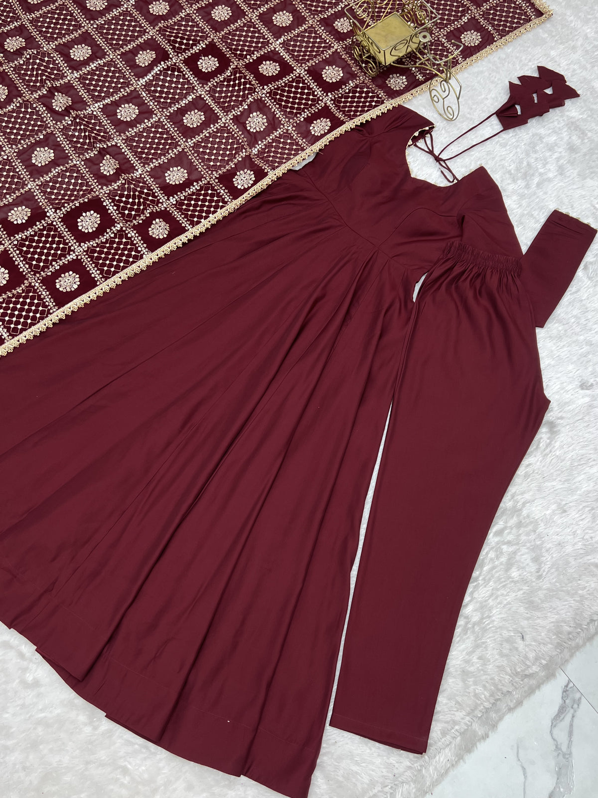 Premium Pure Romansilk Chanderi 16 Kali Flared Anarkali Gown with Embroidered Dupatta & Pant Set