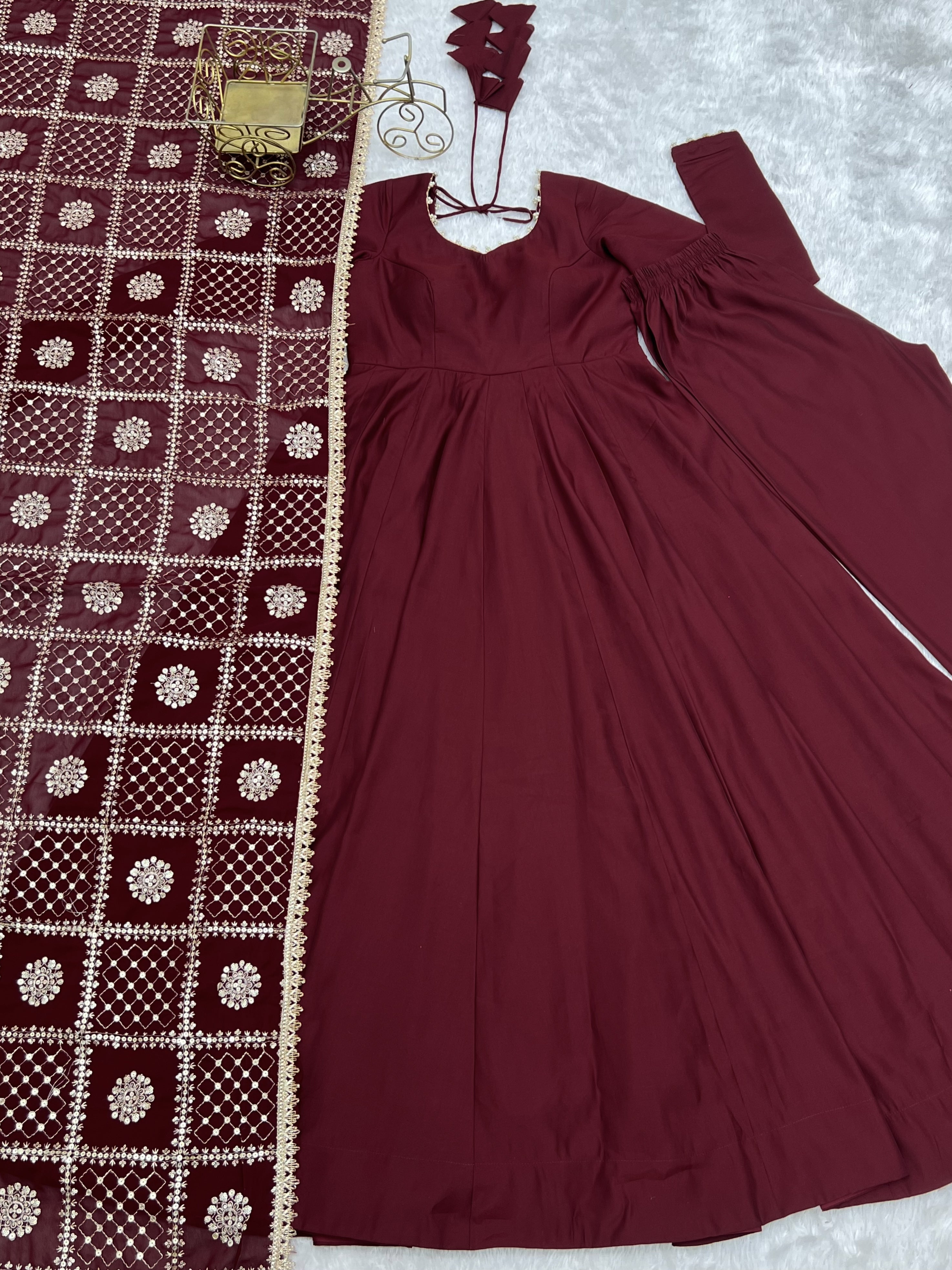 Premium Pure Romansilk Chanderi 16 Kali Flared Anarkali Gown with Embroidered Dupatta & Pant Set