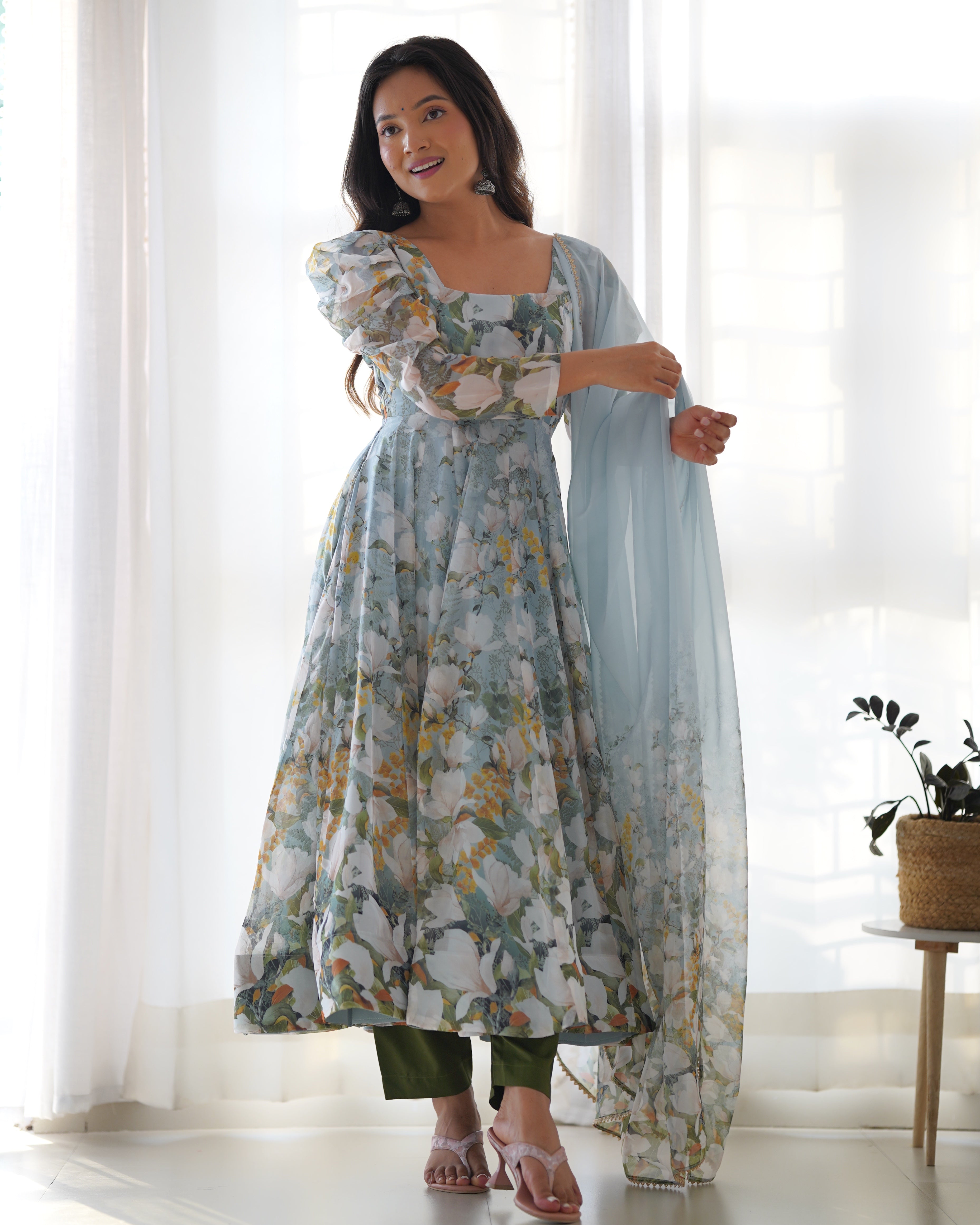 🌸 Floral Organza Silk Anarkali Suit Set