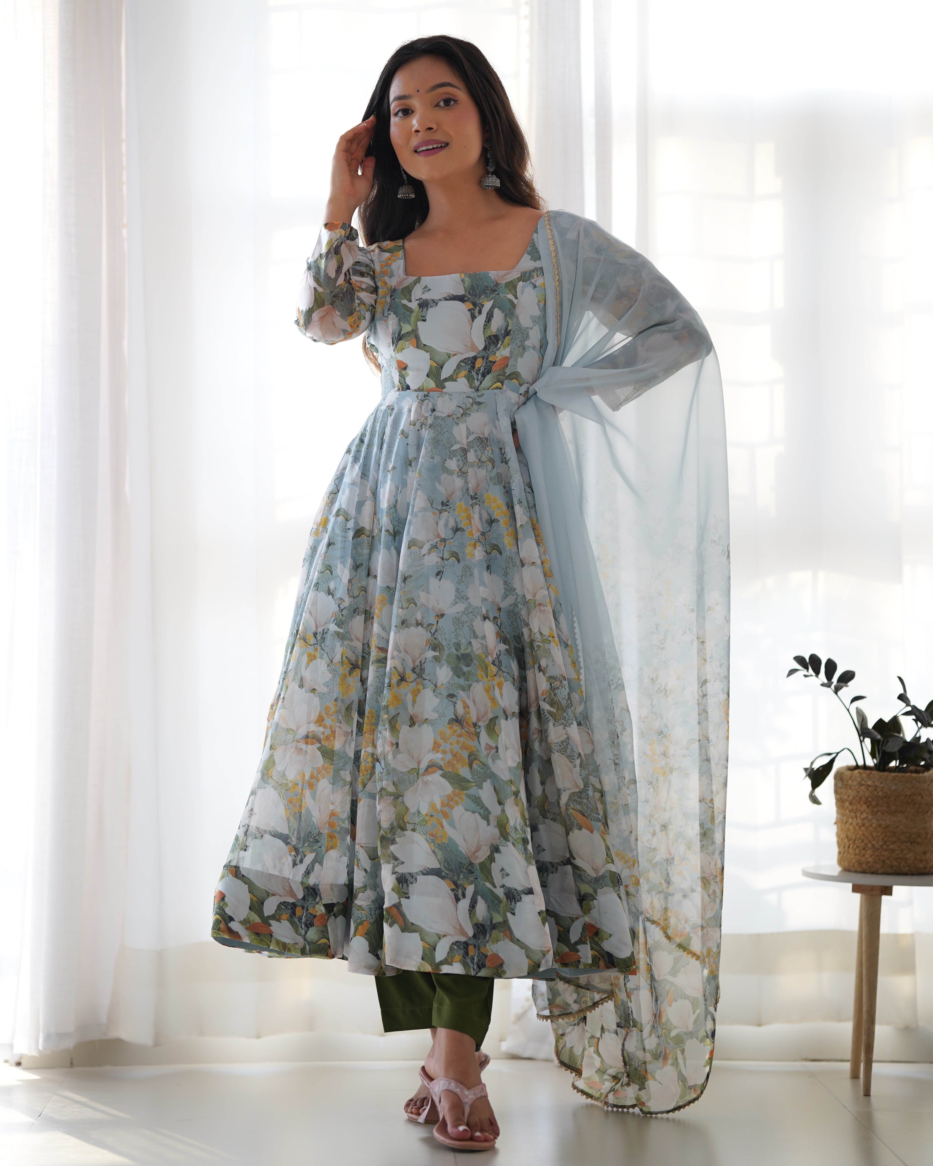 🌸 Floral Organza Silk Anarkali Suit Set
