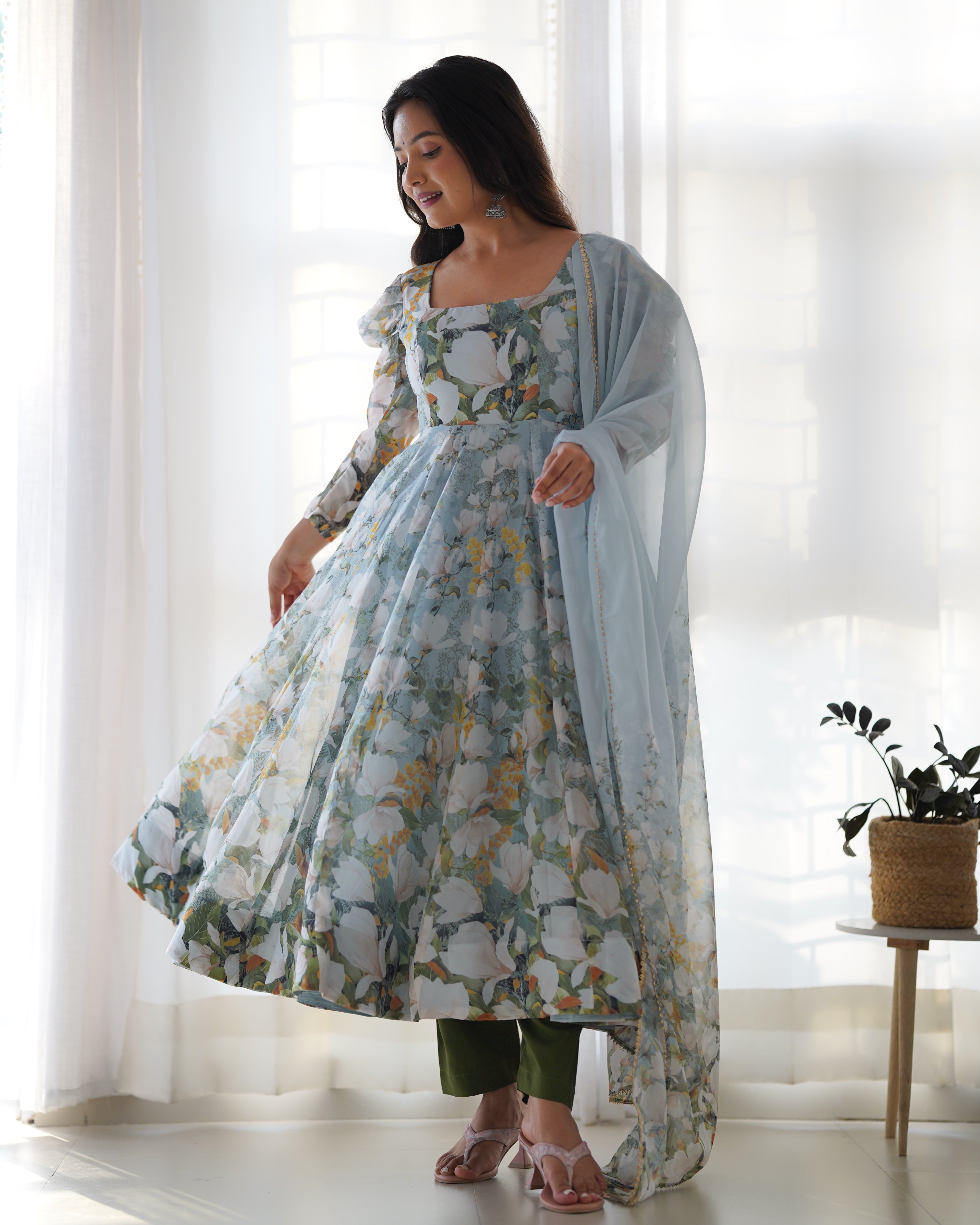 🌸 Floral Organza Silk Anarkali Suit Set