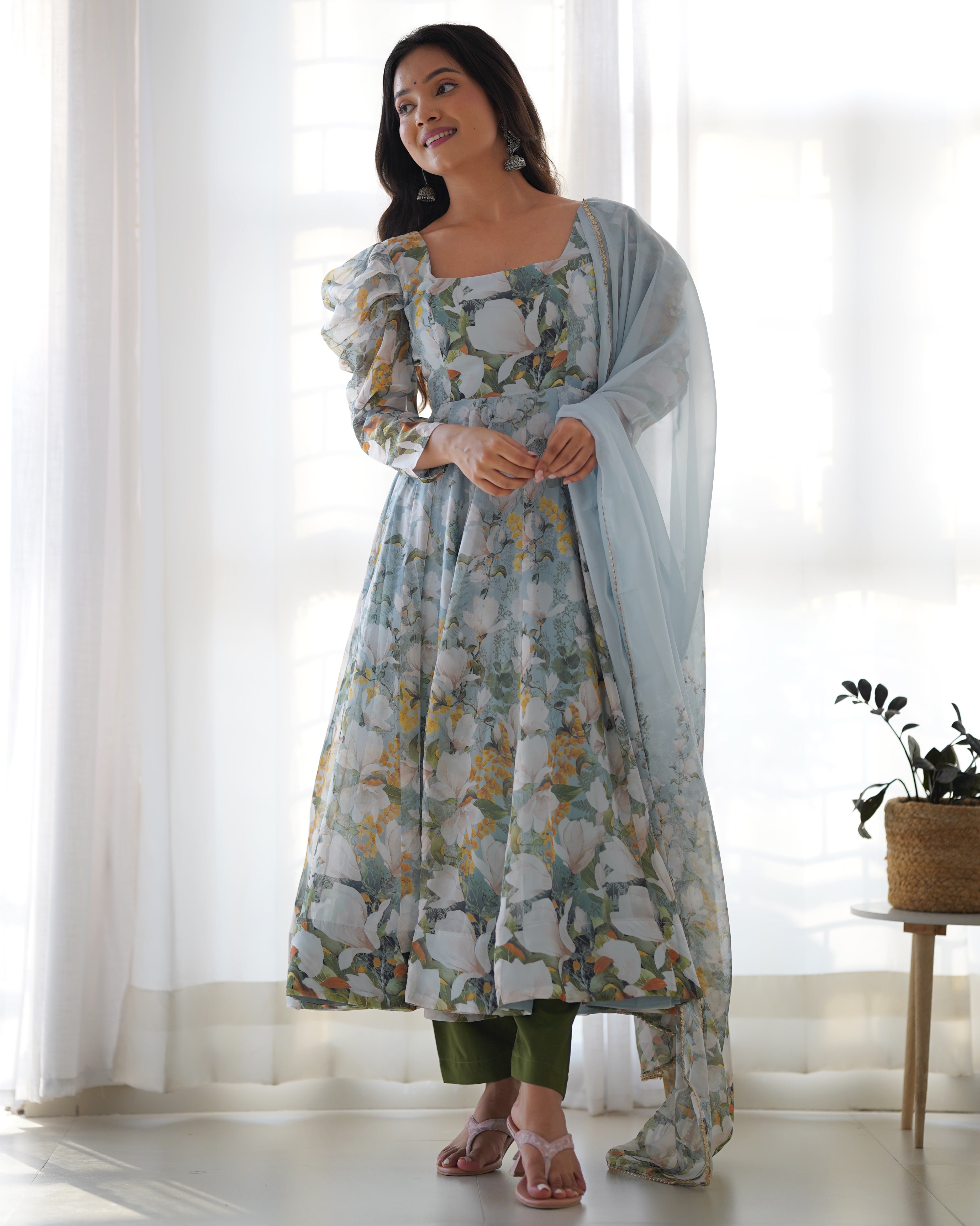 🌸 Floral Organza Silk Anarkali Suit Set