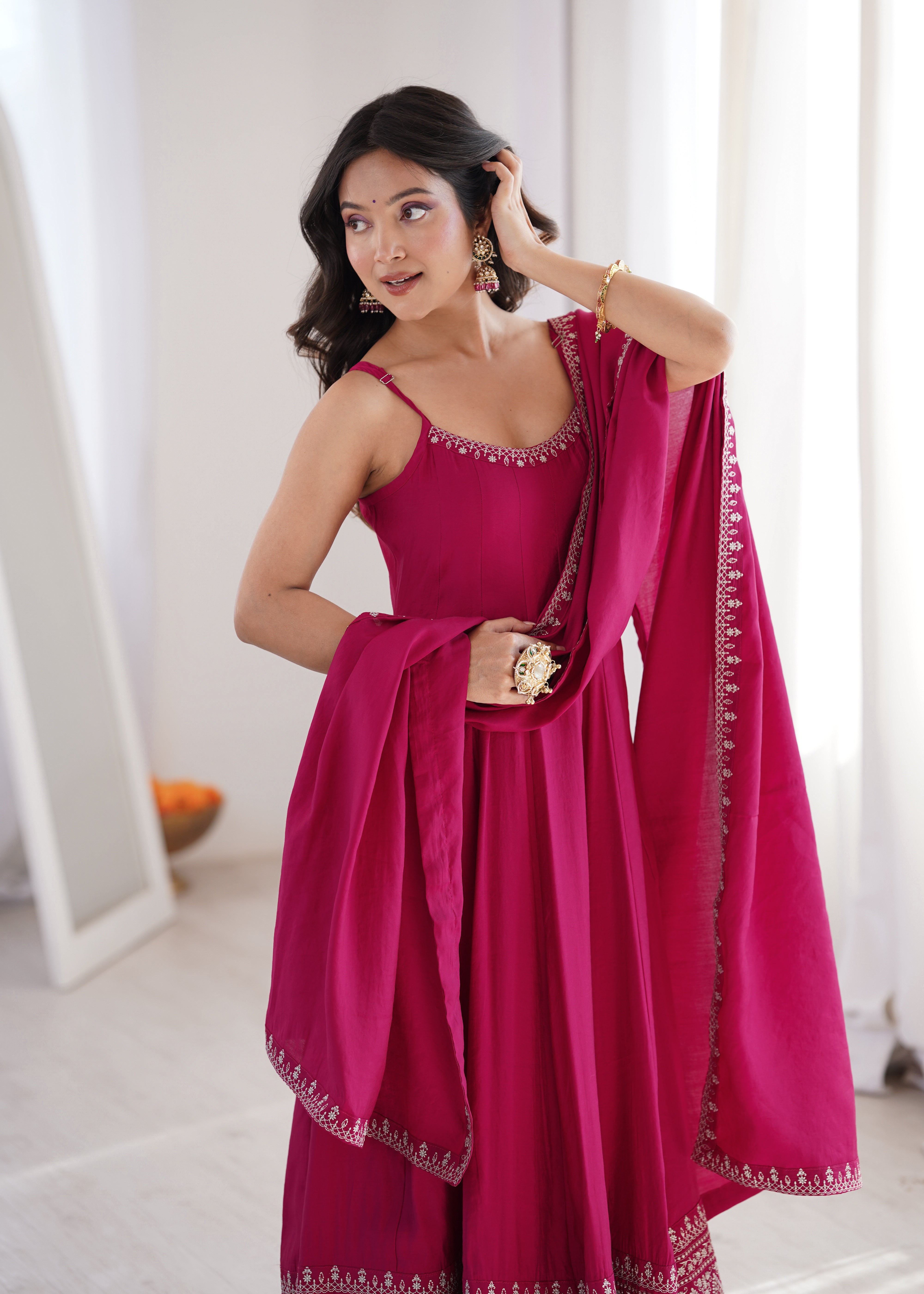 Women's Premium Roman Silk Chanderi Anarkali Suit Set with Embroidered Flare, Lace Work & Dupatta