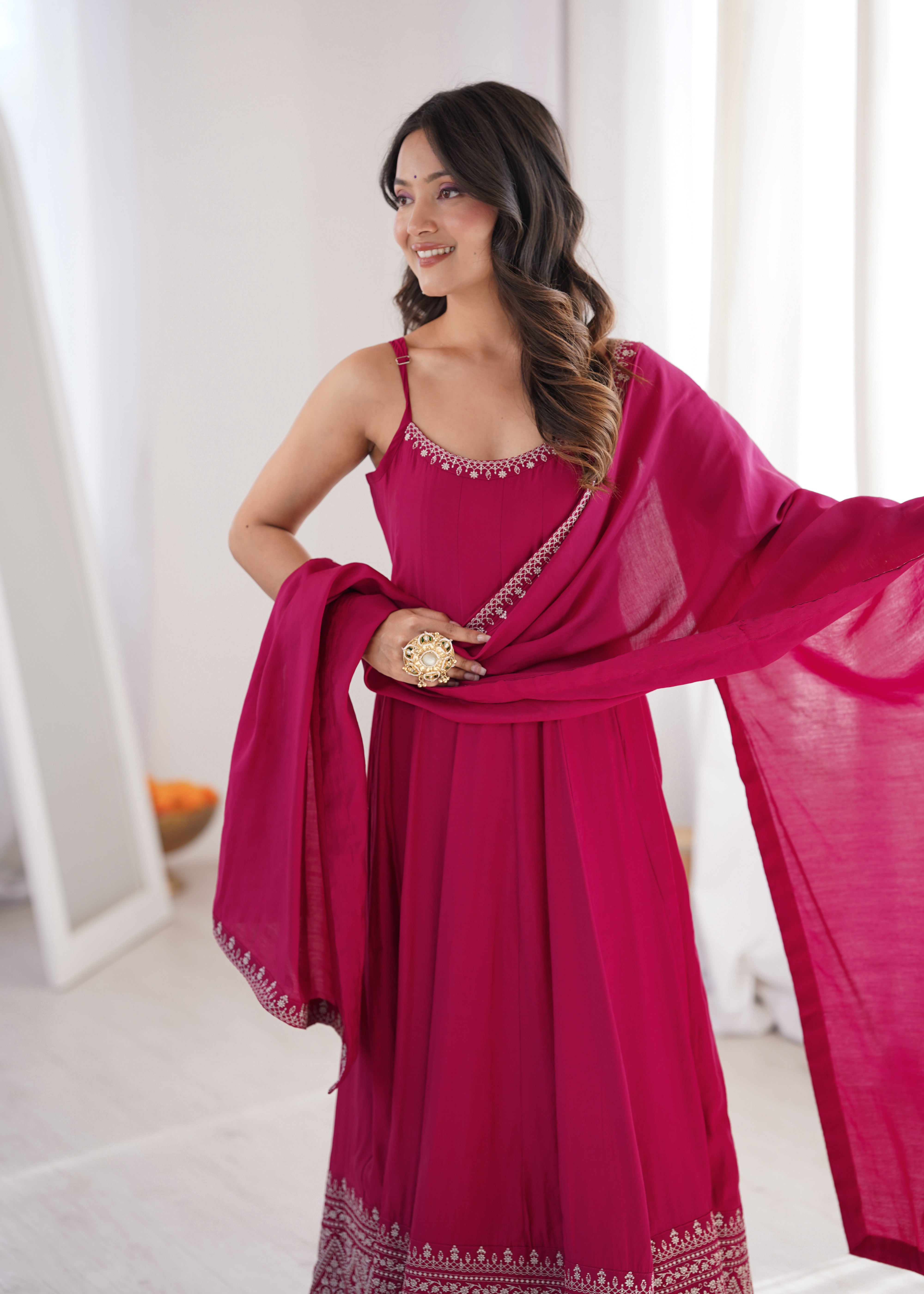 Women's Premium Roman Silk Chanderi Anarkali Suit Set with Embroidered Flare, Lace Work & Dupatta