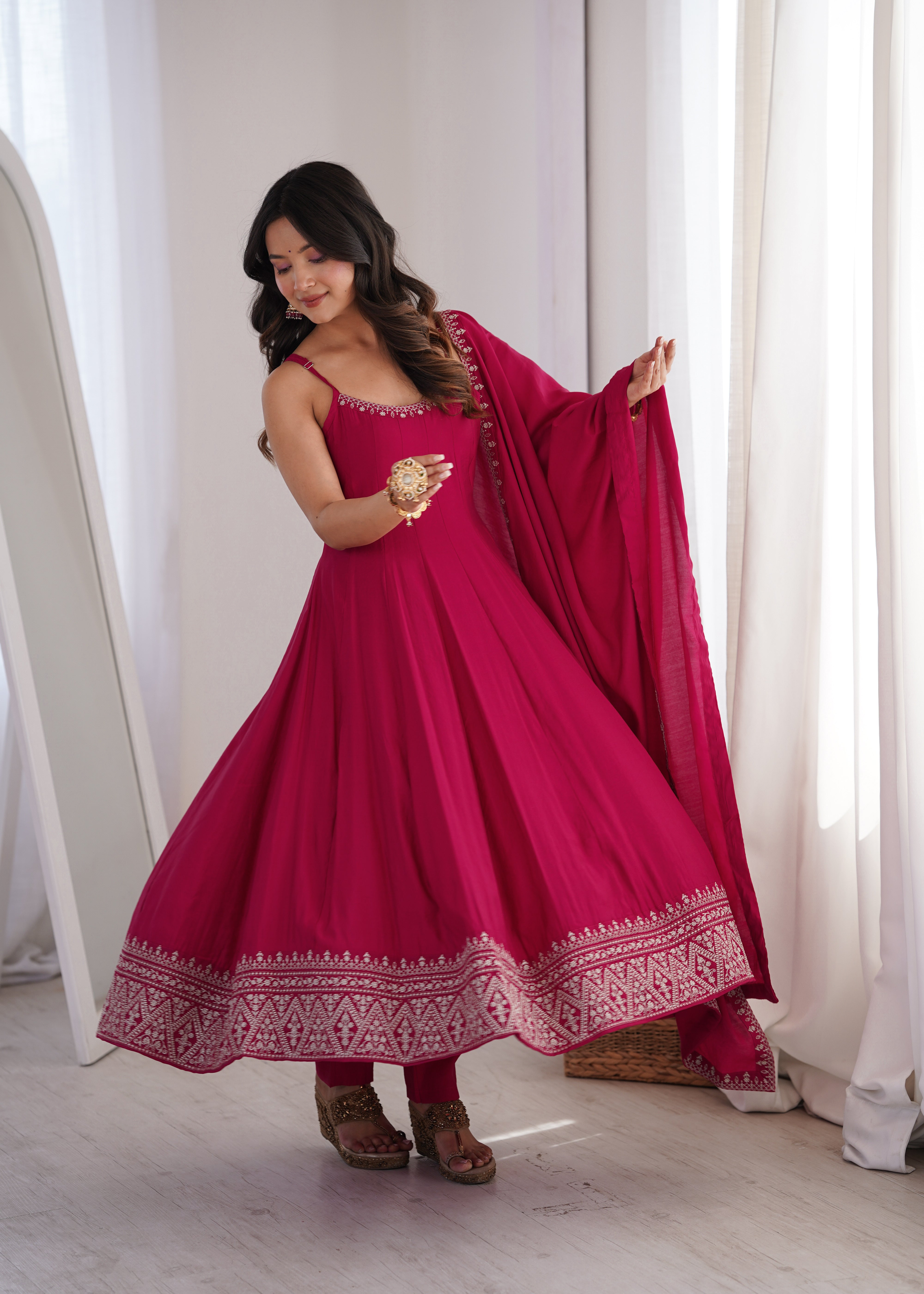 Women's Premium Roman Silk Chanderi Anarkali Suit Set with Embroidered Flare, Lace Work & Dupatta