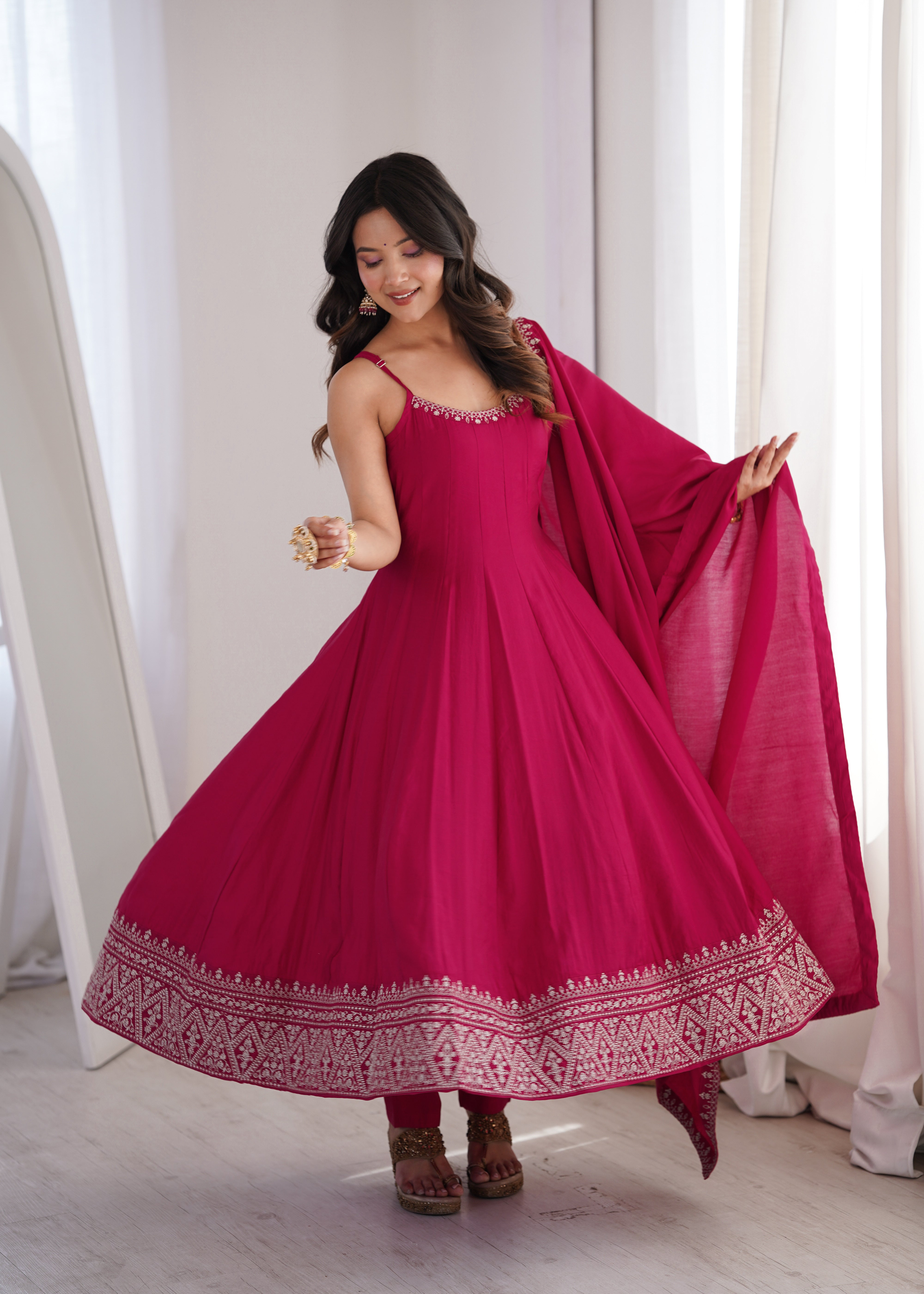 Women's Premium Roman Silk Chanderi Anarkali Suit Set with Embroidered Flare, Lace Work & Dupatta