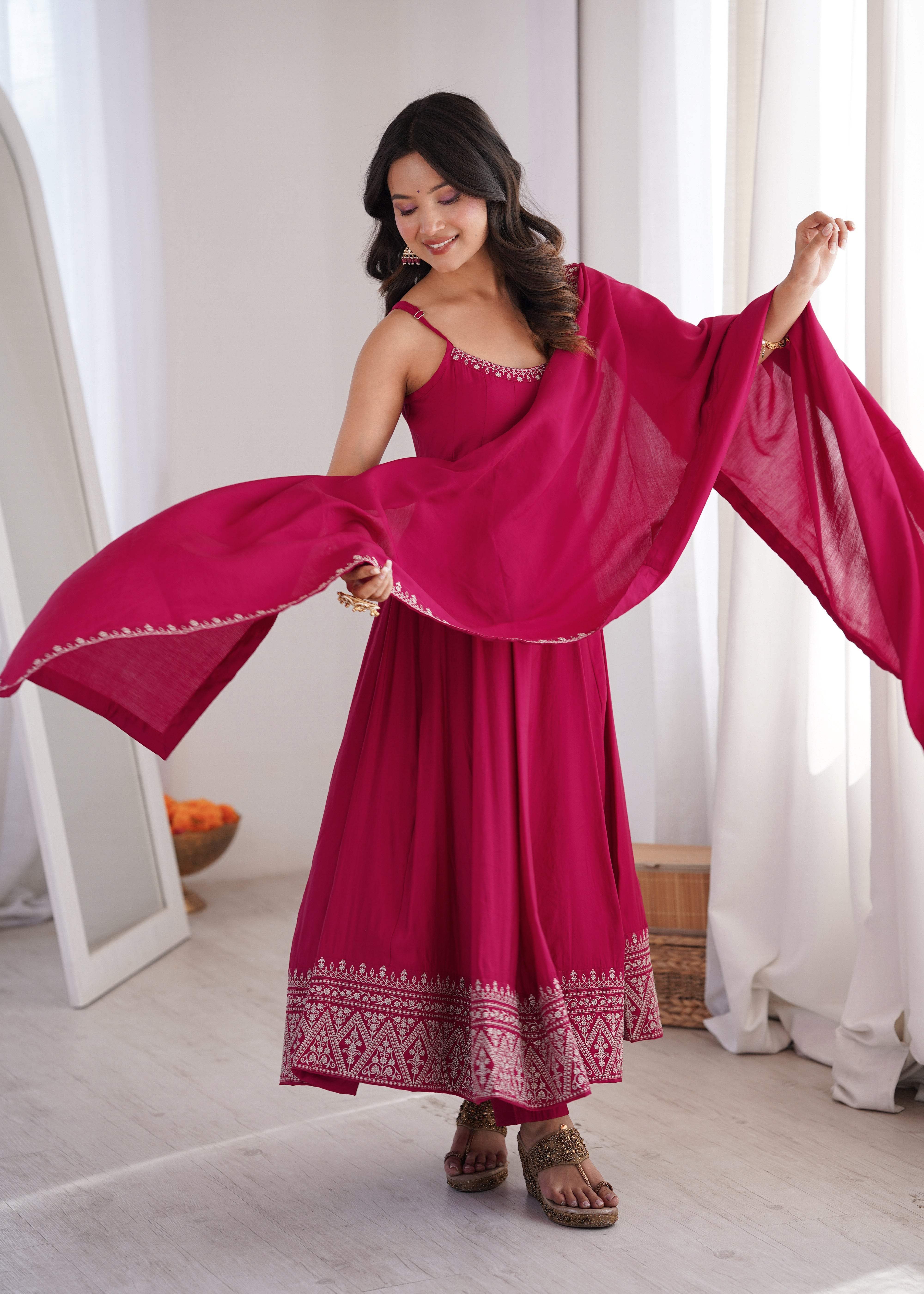 Women's Premium Roman Silk Chanderi Anarkali Suit Set with Embroidered Flare, Lace Work & Dupatta