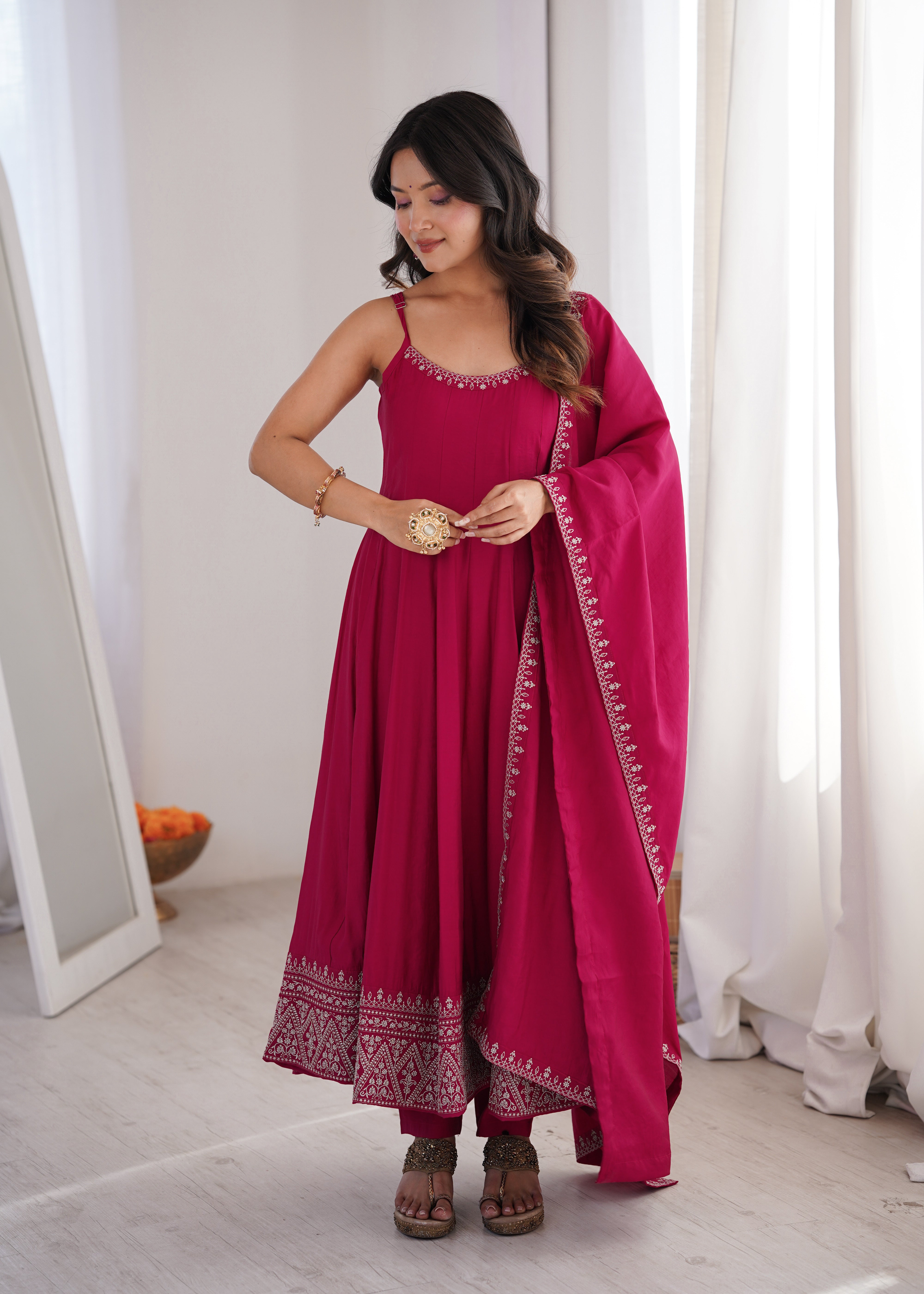 Women's Premium Roman Silk Chanderi Anarkali Suit Set with Embroidered Flare, Lace Work & Dupatta