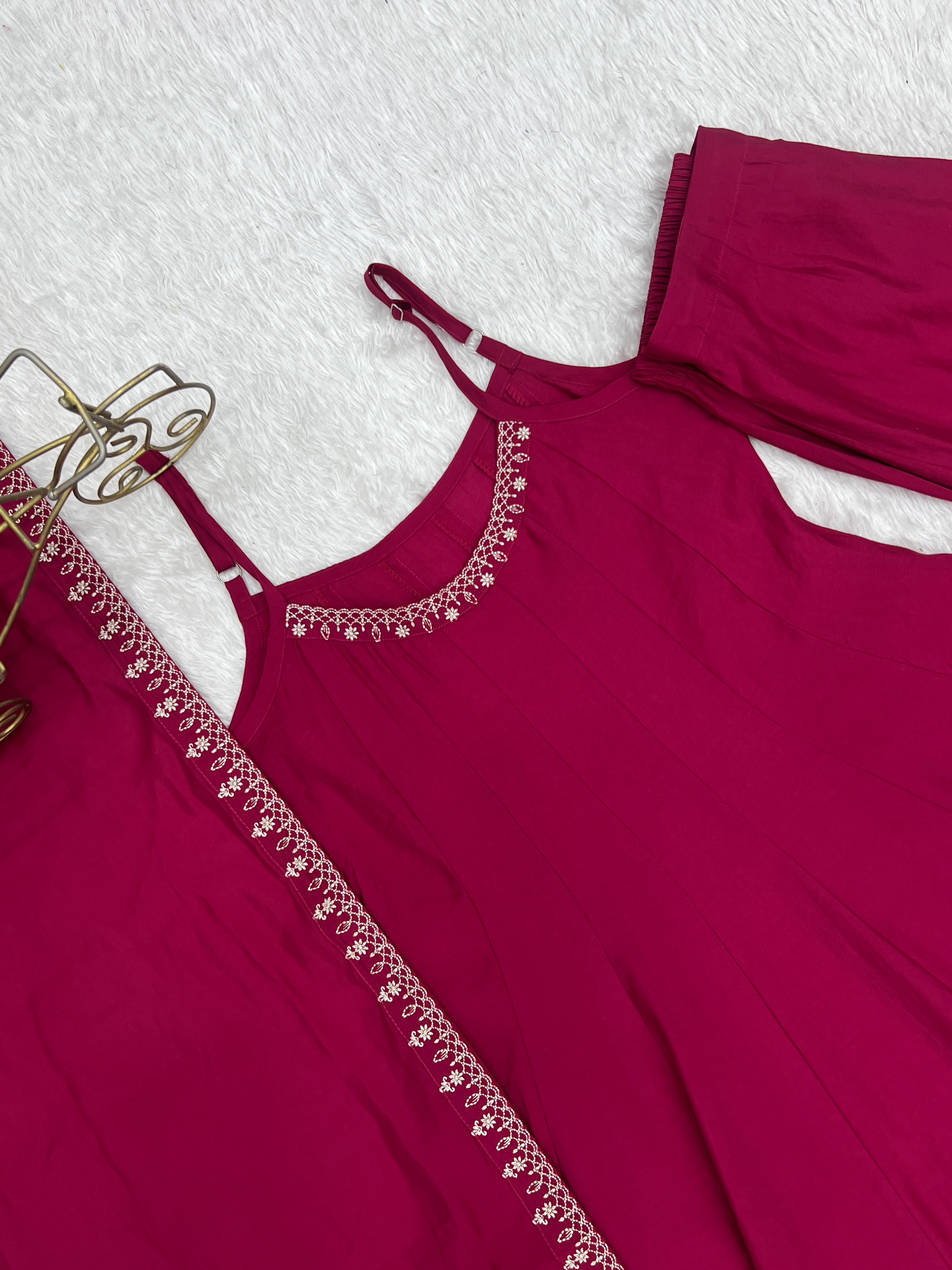 Women's Premium Roman Silk Chanderi Anarkali Suit Set with Embroidered Flare, Lace Work & Dupatta
