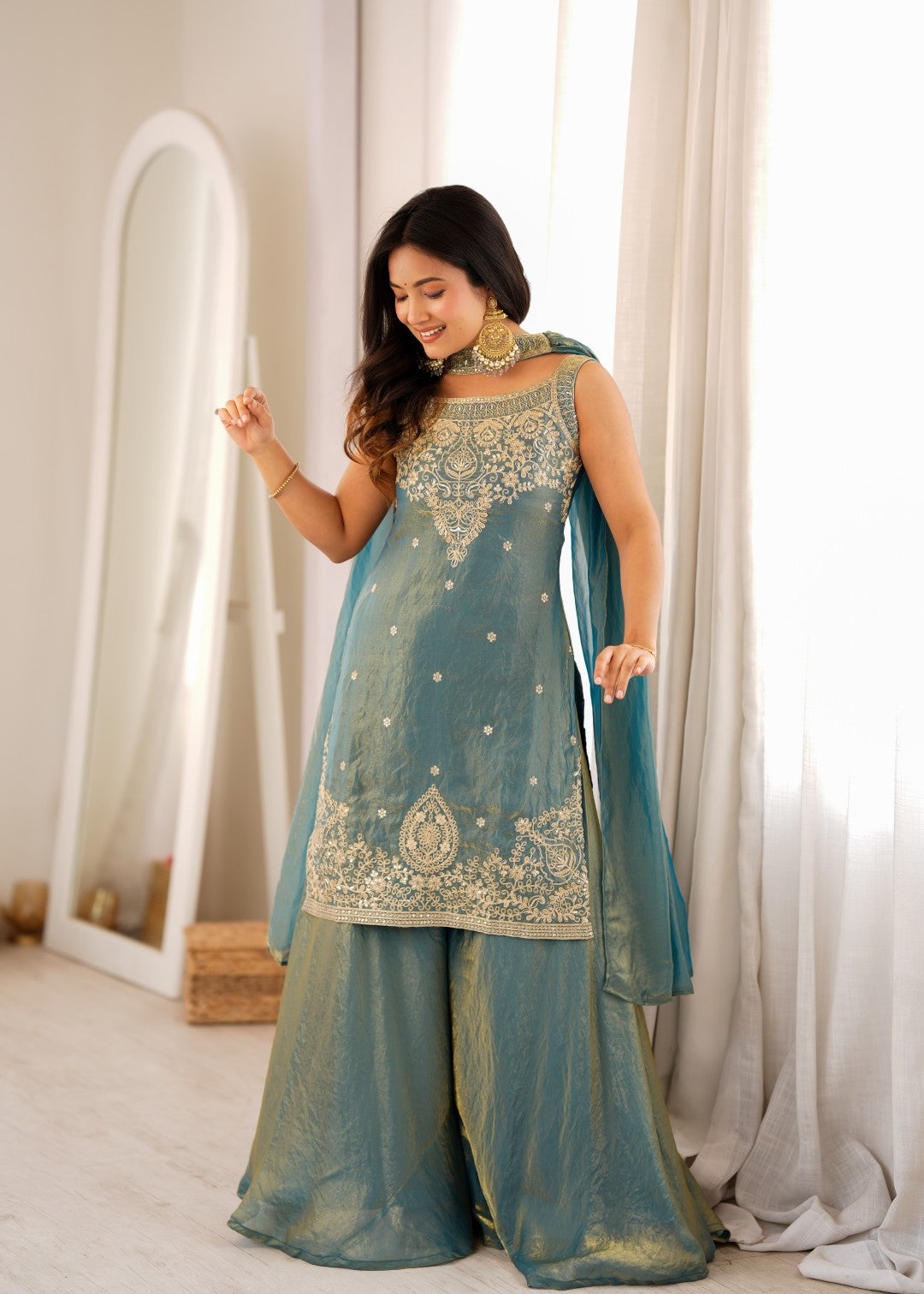Women's Premium Soft Fendy Silk Sharara Suit Set with Embroidery, Sequins, Dori &amp; Zari Work