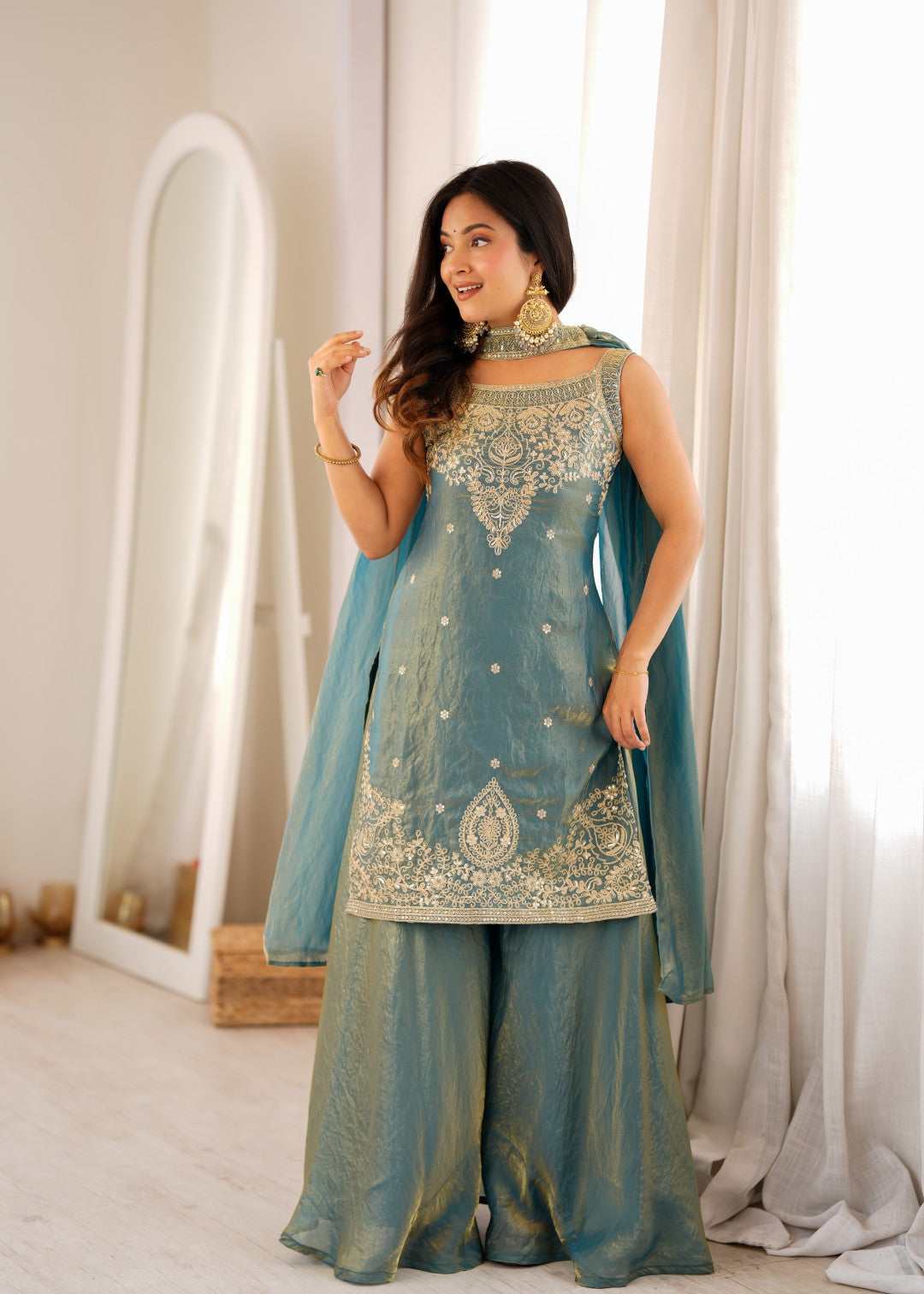 Women's Premium Soft Fendy Silk Sharara Suit Set with Embroidery, Sequins, Dori &amp; Zari Work