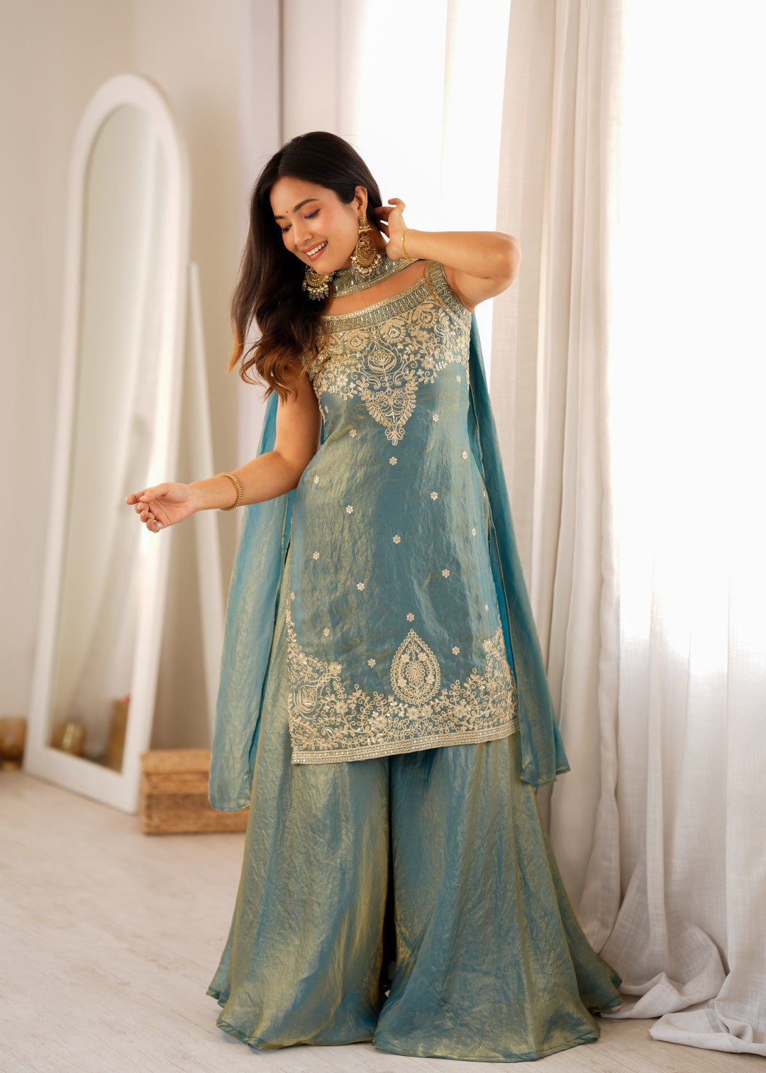 Women's Premium Soft Fendy Silk Sharara Suit Set with Embroidery, Sequins, Dori &amp; Zari Work