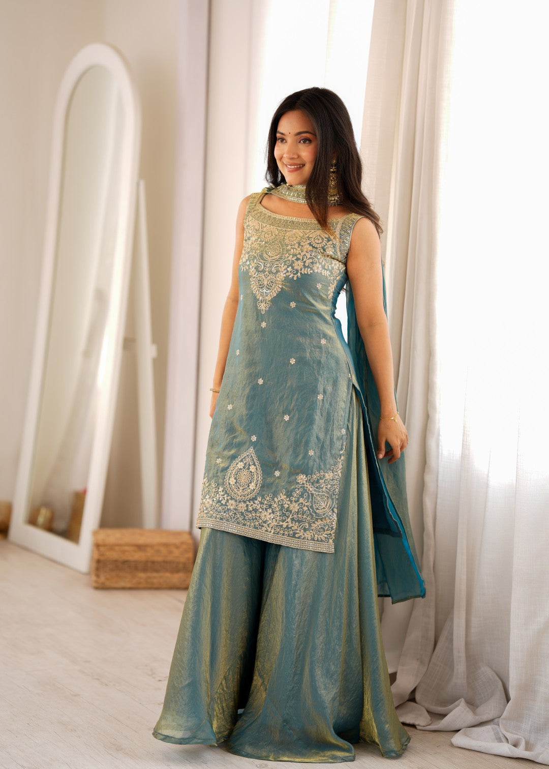 Women's Premium Soft Fendy Silk Sharara Suit Set with Embroidery, Sequins, Dori &amp; Zari Work