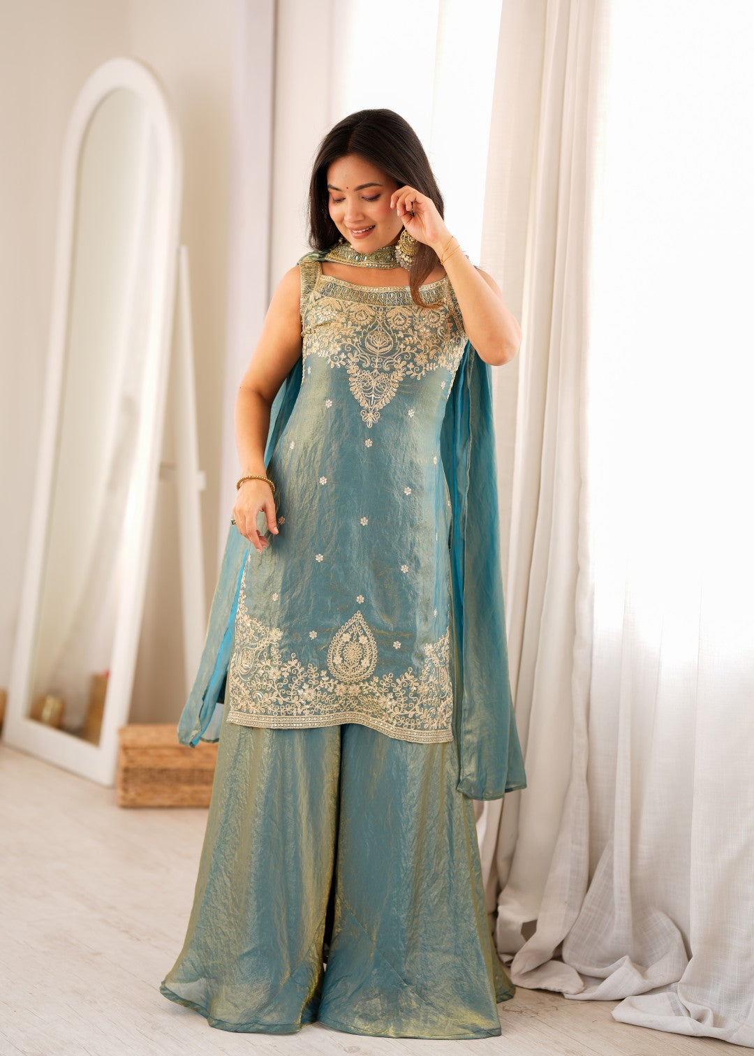 Women's Premium Soft Fendy Silk Sharara Suit Set with Embroidery, Sequins, Dori &amp; Zari Work