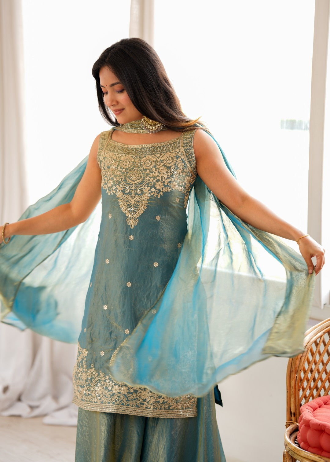 Women's Premium Soft Fendy Silk Sharara Suit Set with Embroidery, Sequins, Dori &amp; Zari Work