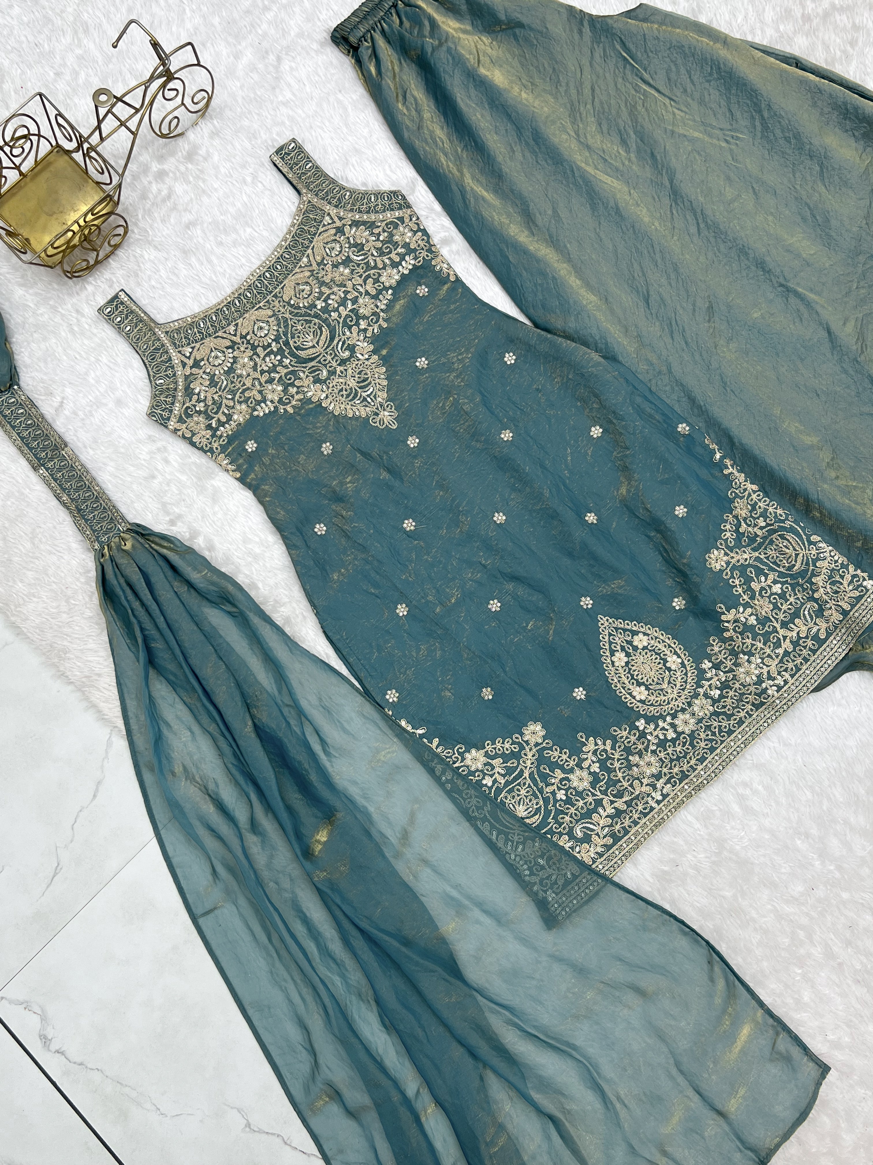 Women's Premium Soft Fendy Silk Sharara Suit Set with Embroidery, Sequins, Dori &amp; Zari Work