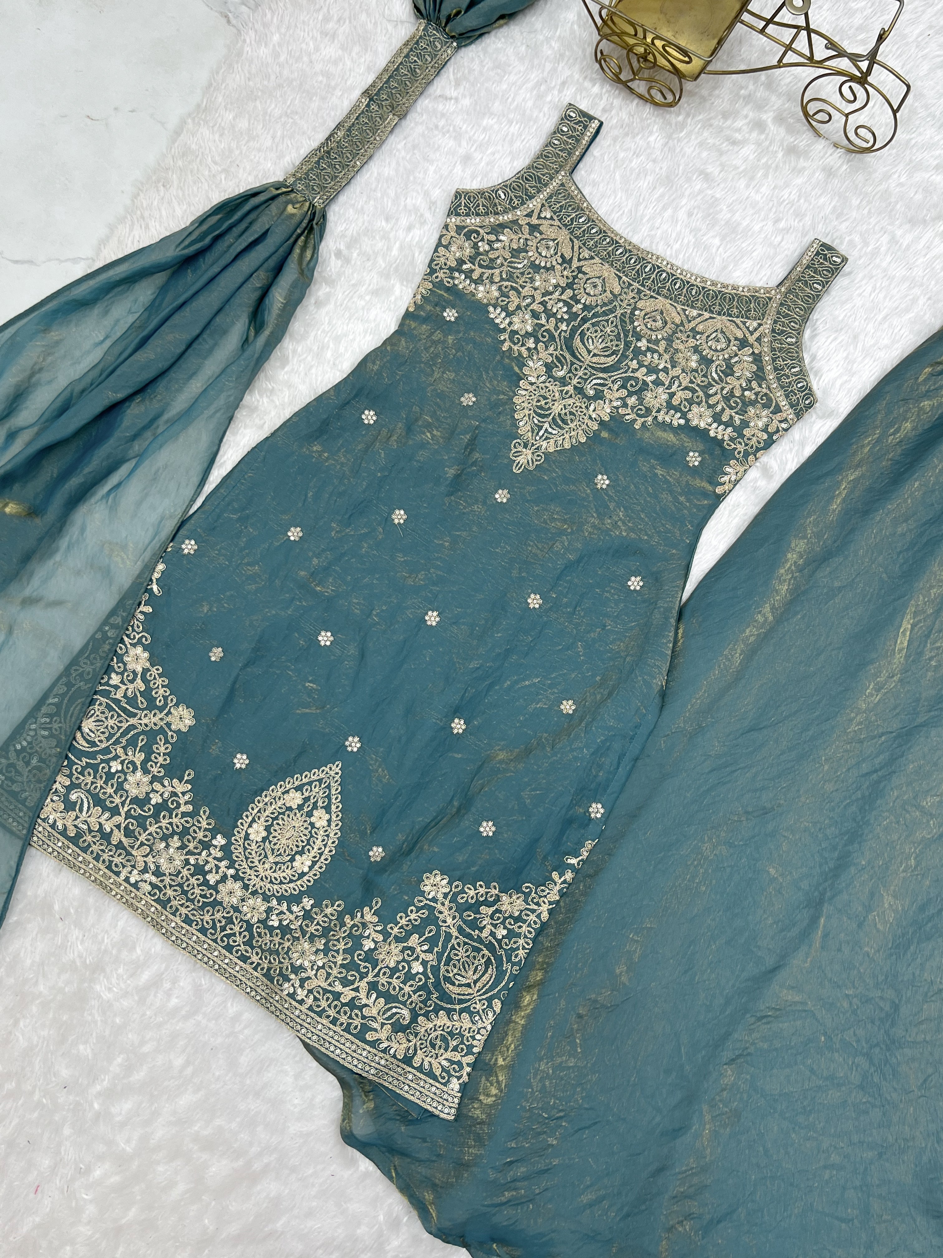 Women's Premium Soft Fendy Silk Sharara Suit Set with Embroidery, Sequins, Dori &amp; Zari Work