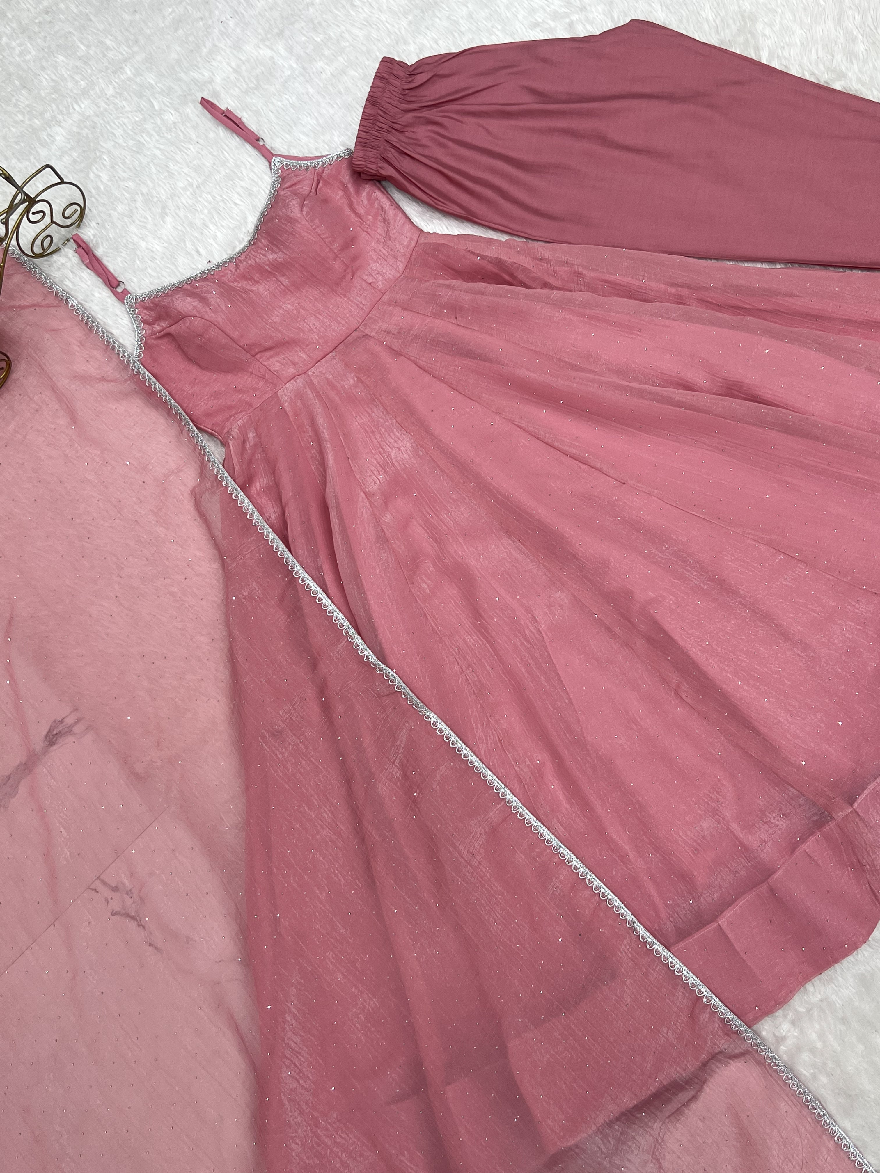 Women's Premium Crunchy Silk Anarkali Suit Set with Sirovski Work, Kali Cut Flare & Dupatta