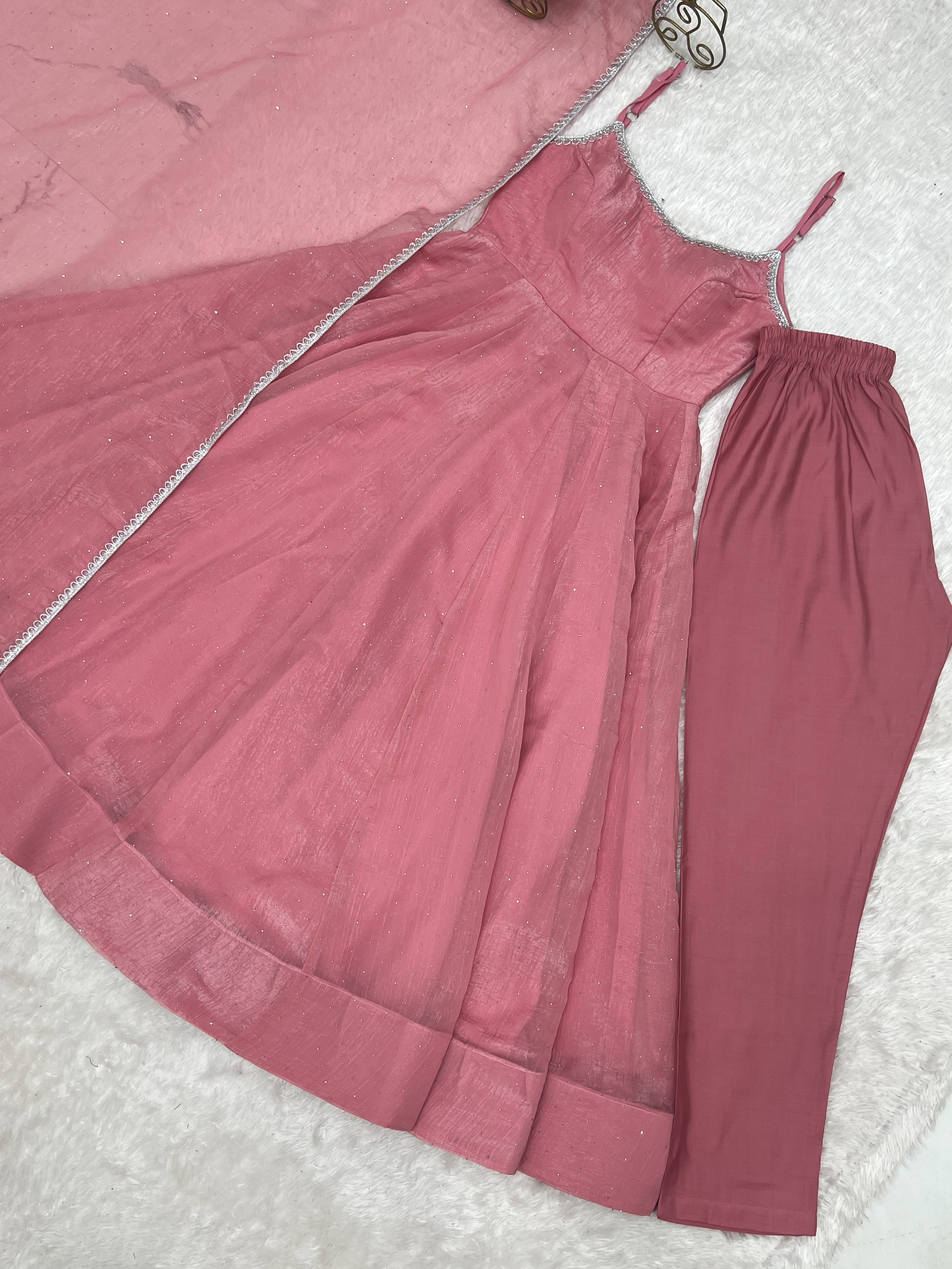 Women's Premium Crunchy Silk Anarkali Suit Set with Sirovski Work, Kali Cut Flare & Dupatta