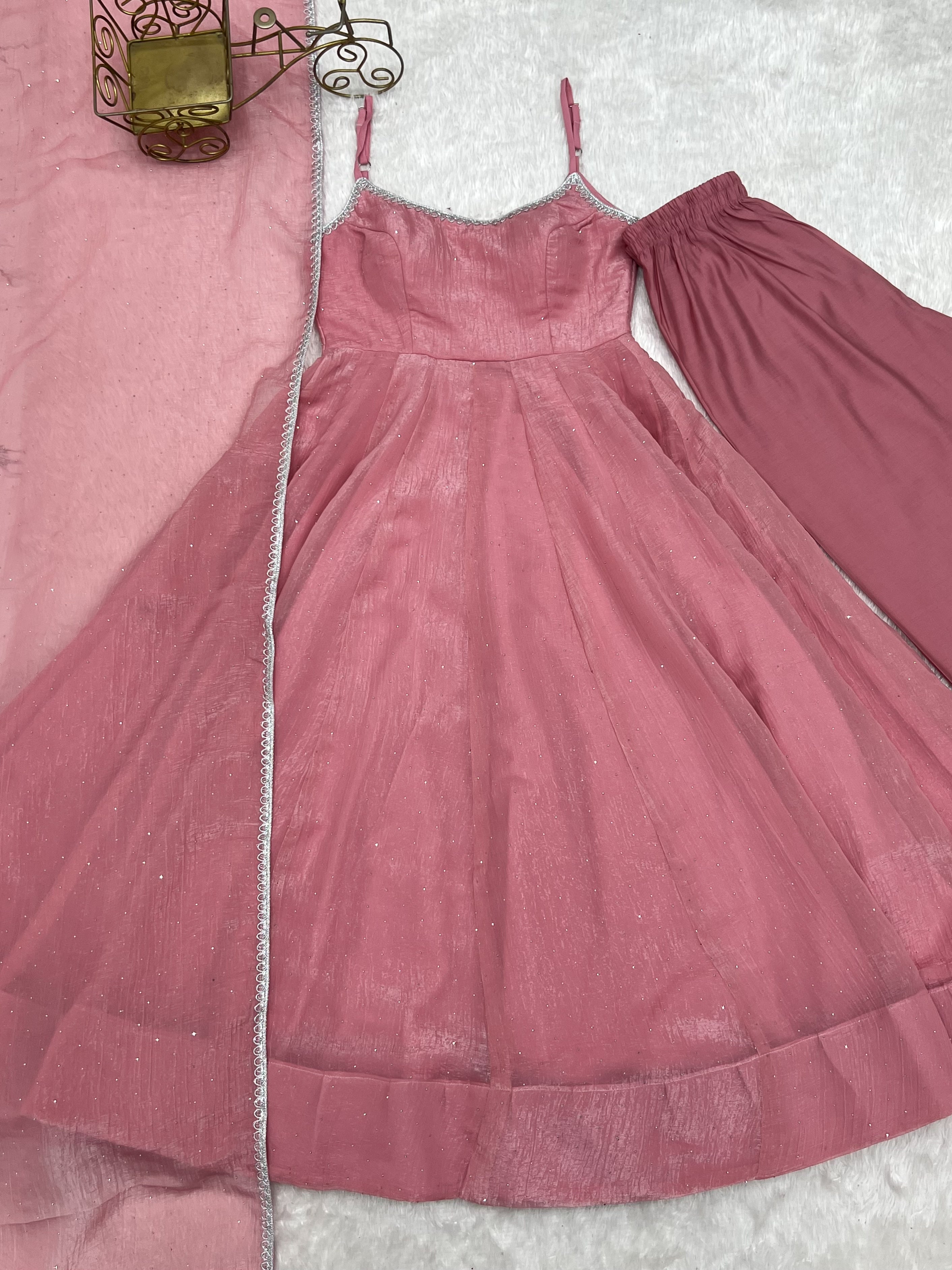 Women's Premium Crunchy Silk Anarkali Suit Set with Sirovski Work, Kali Cut Flare & Dupatta