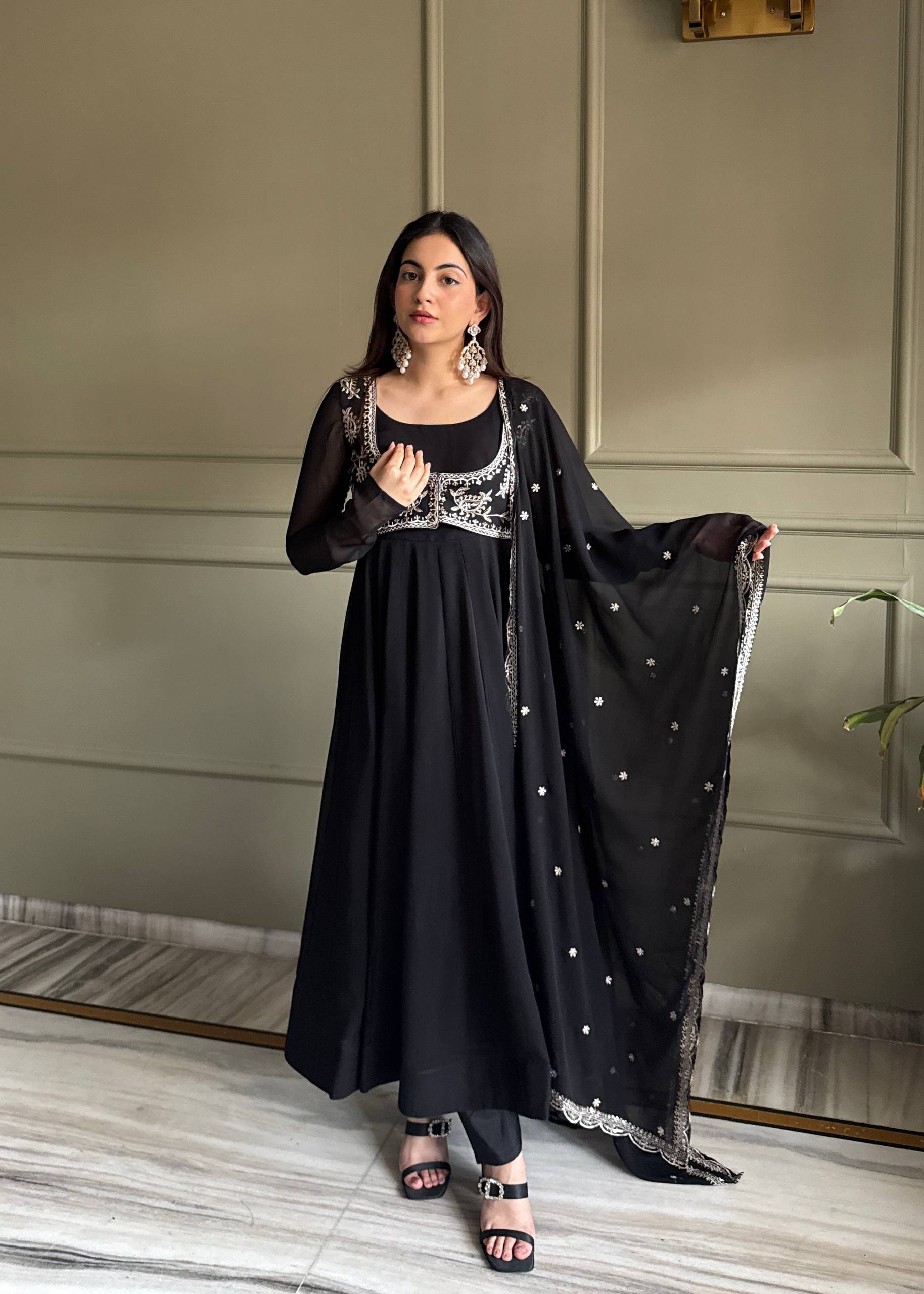 Designer Fox Georgette Anarkali Gown Set with Embroidered Dupatta