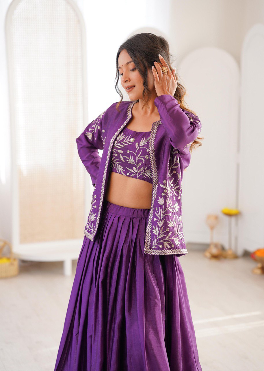 Designer Chinon Silk Lehenga Set with Embroidered Choli & Koti