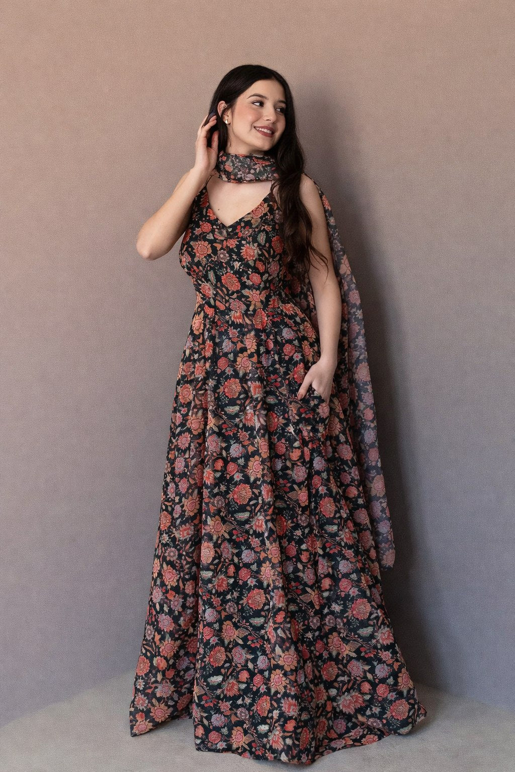 Designer Floral Organza Gown with Dupatta – Ready to Wear