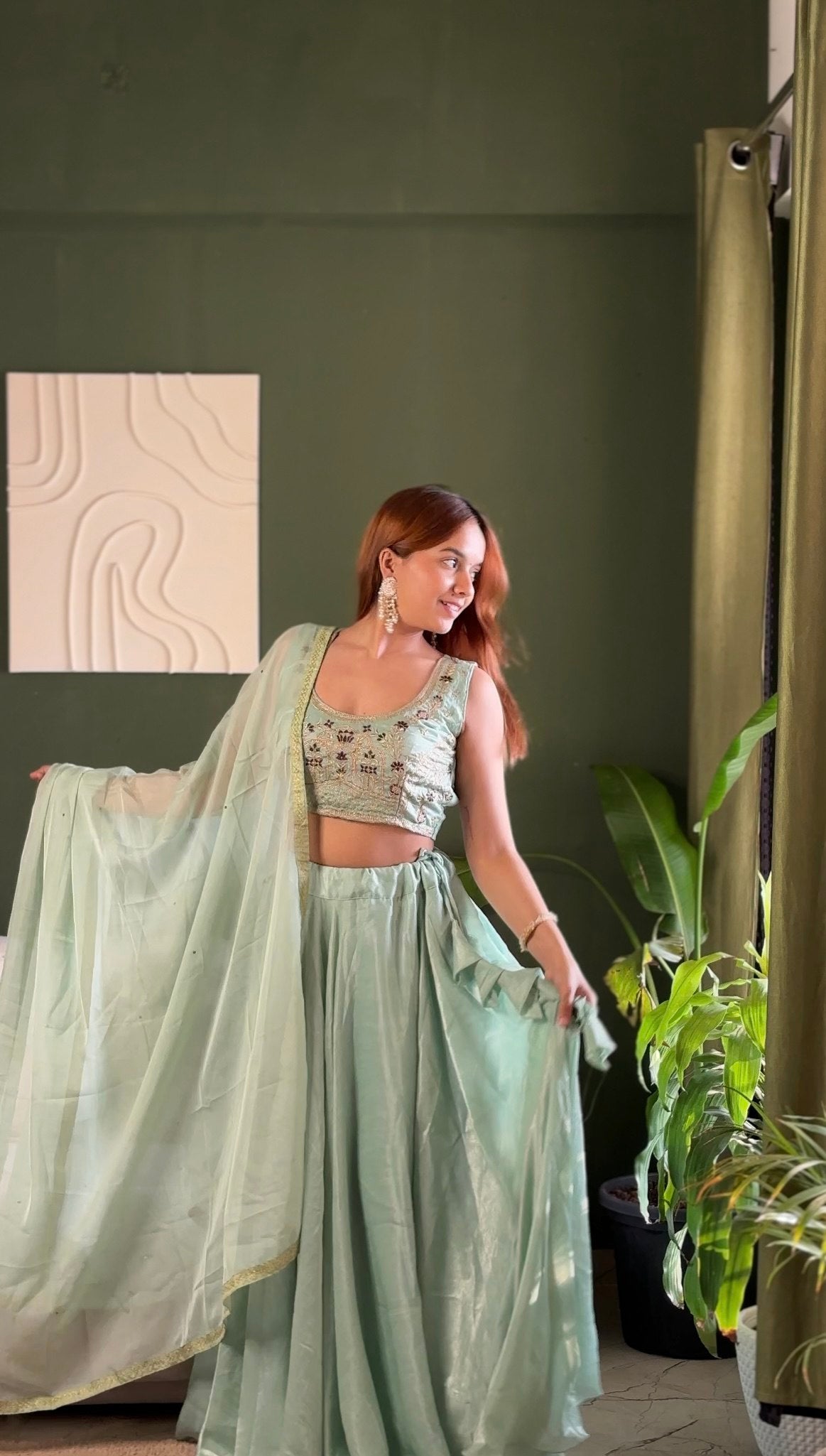 Pastel Mint Embroidered Lehenga Set with Net Dupatta