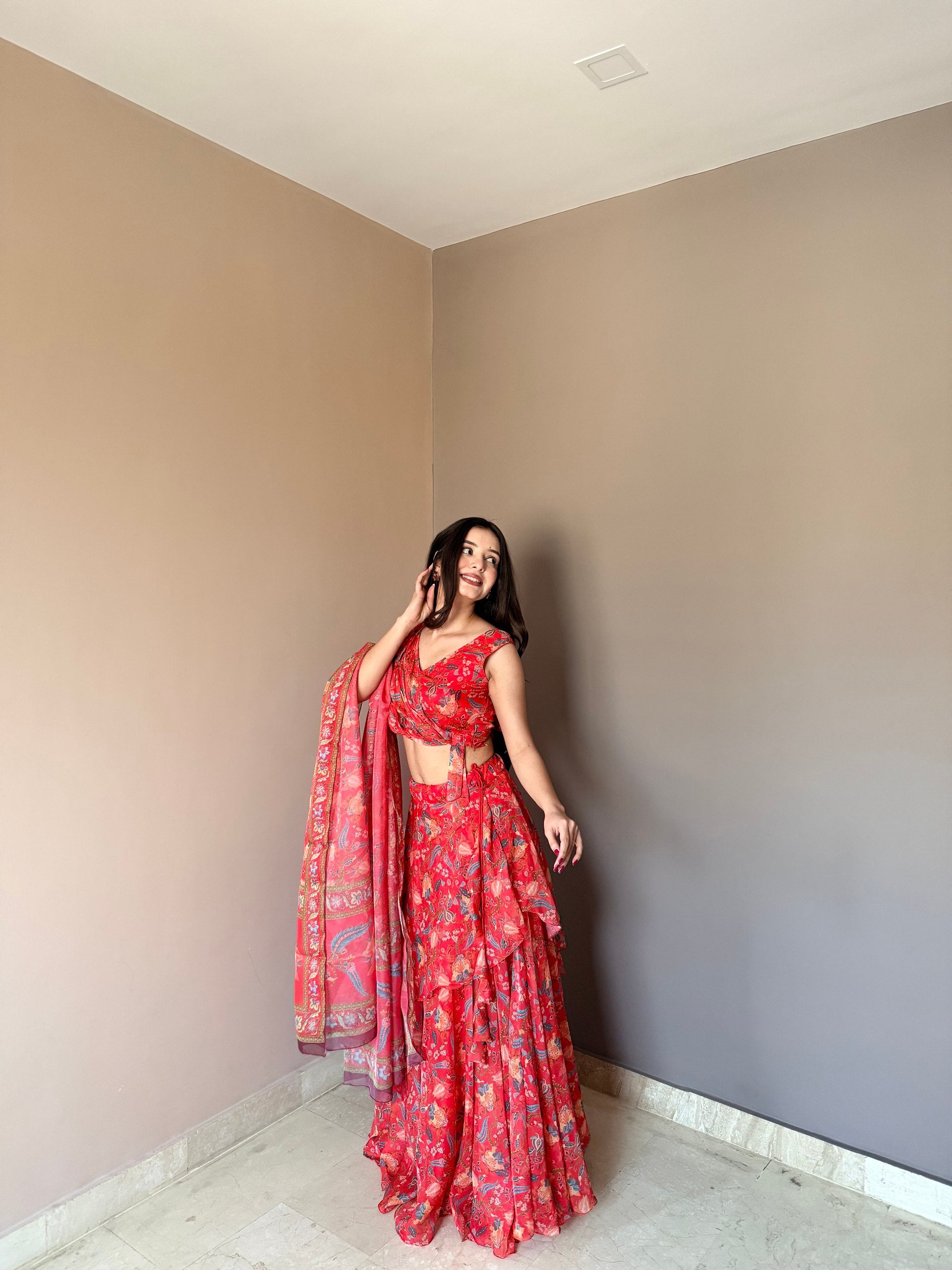 Red Floral Printed Lehenga Set with Sleeveless Blouse & Dupatta