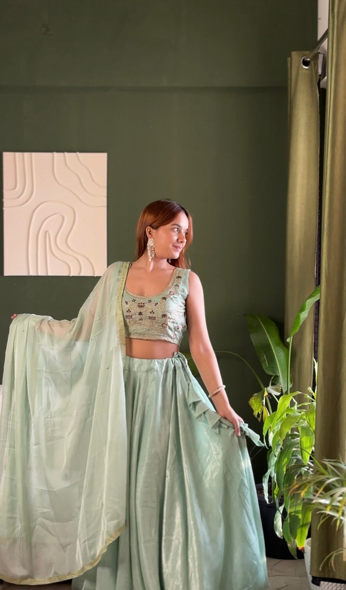 Pastel Mint Embroidered Lehenga Set with Net Dupatta
