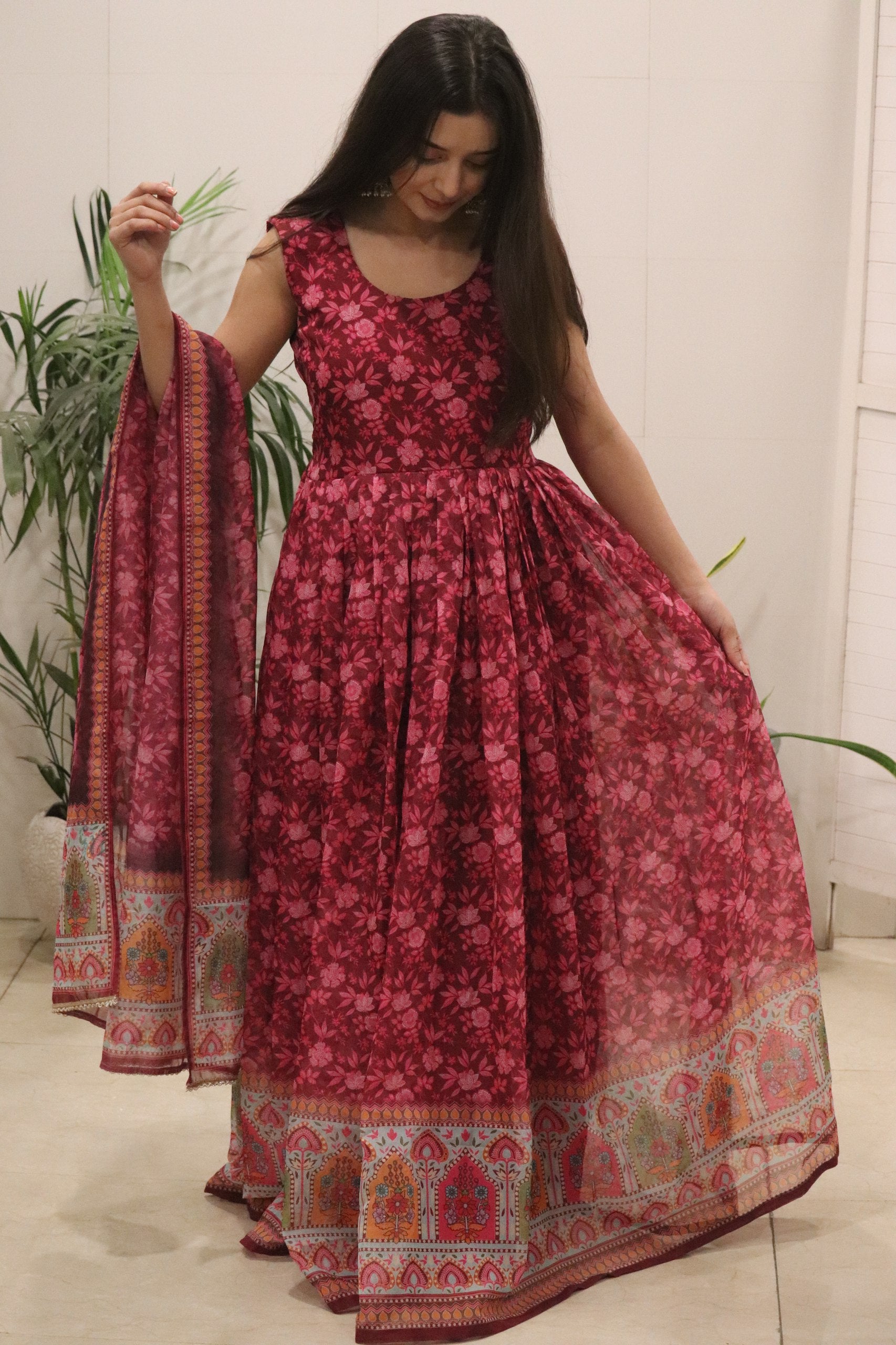 Designer Floral Pure Organza Silk Gown with Dupatta