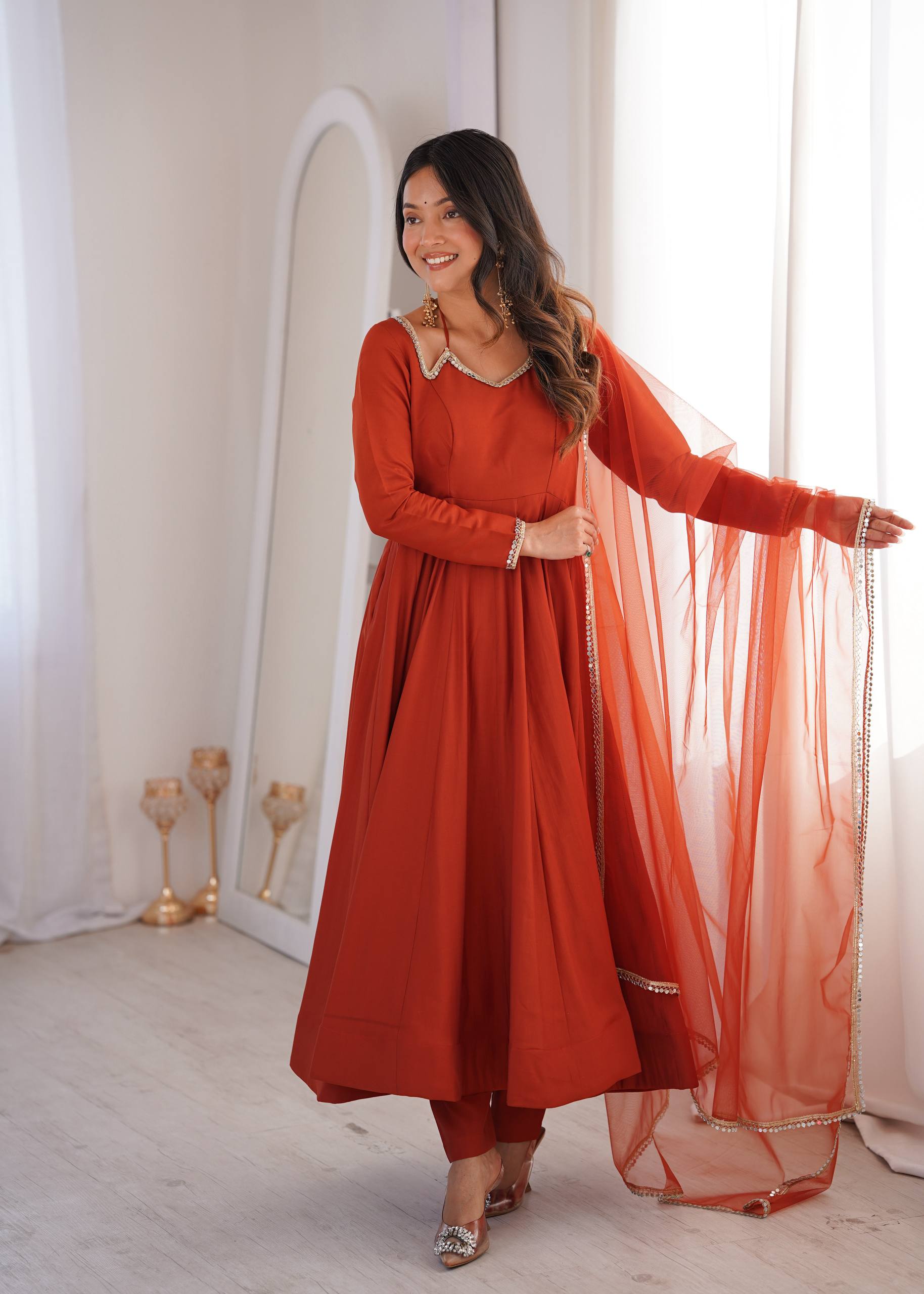Roman Silk Chanderi Anarkali Gown Set with Mirror Lace Dupatta