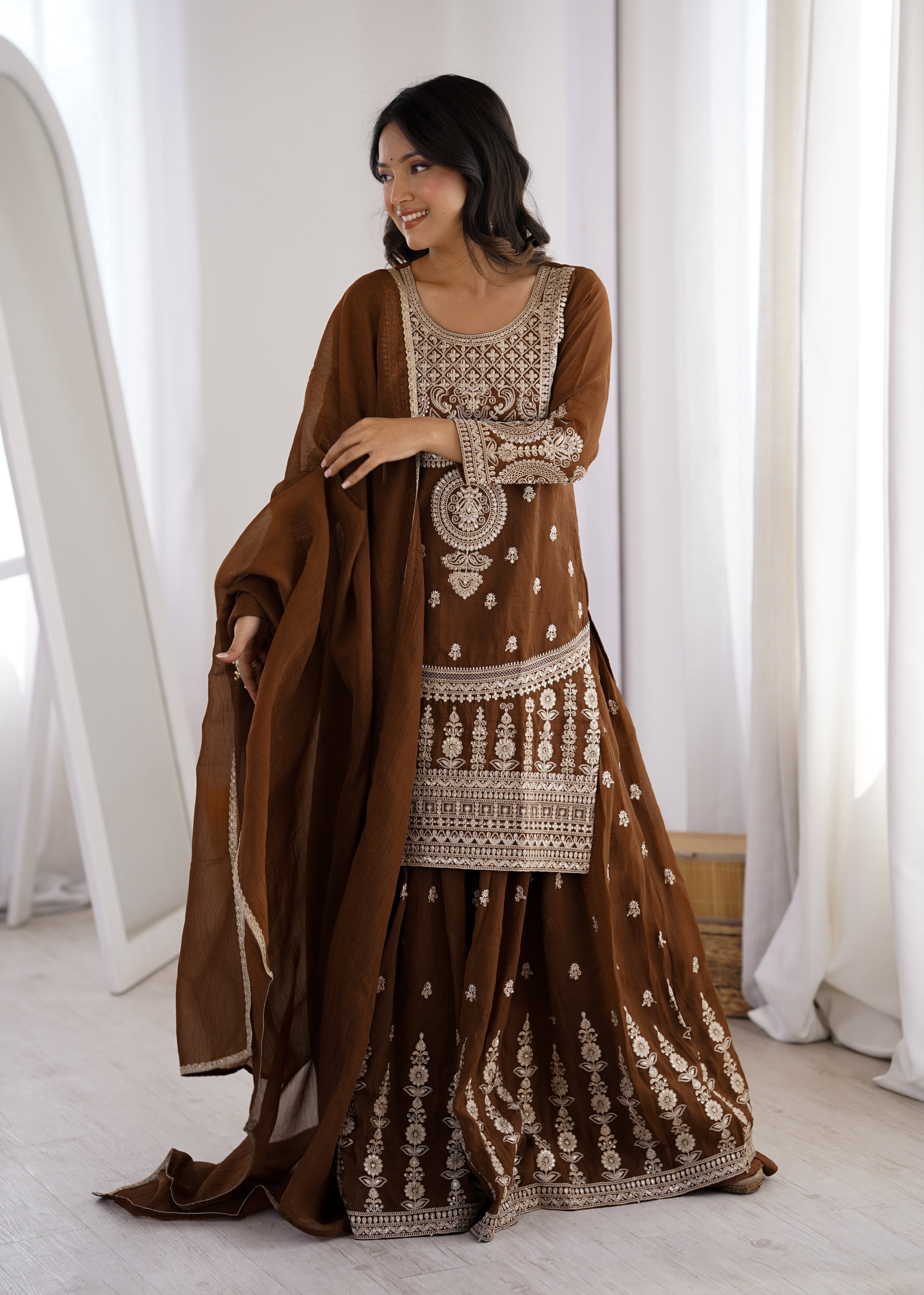 Crunchy Silk Embroidered Sharara Suit Set with Designer Dupatta