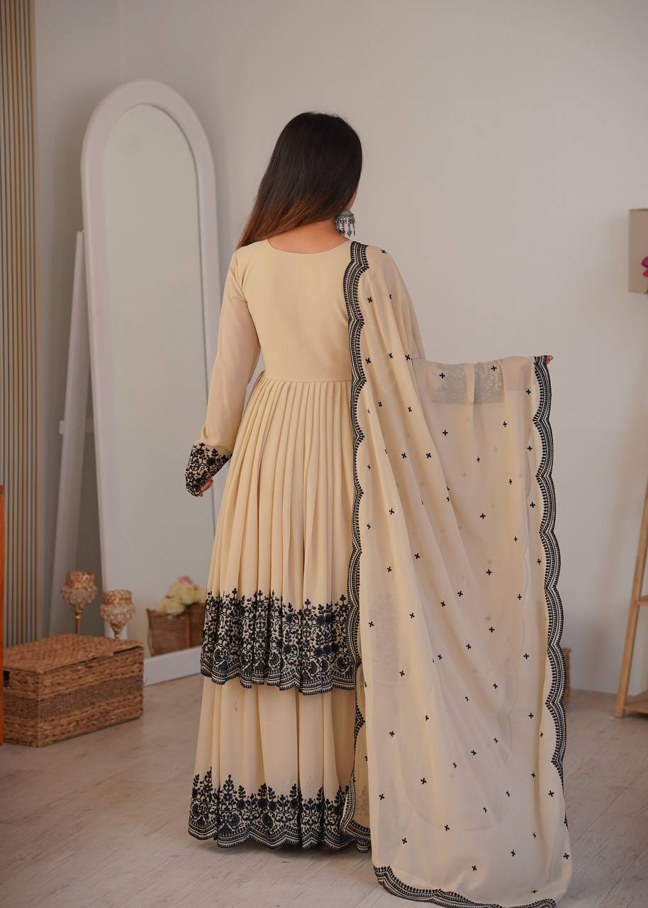 Embroidered Faux Georgette Suit Set with Palazzo & Dupatta