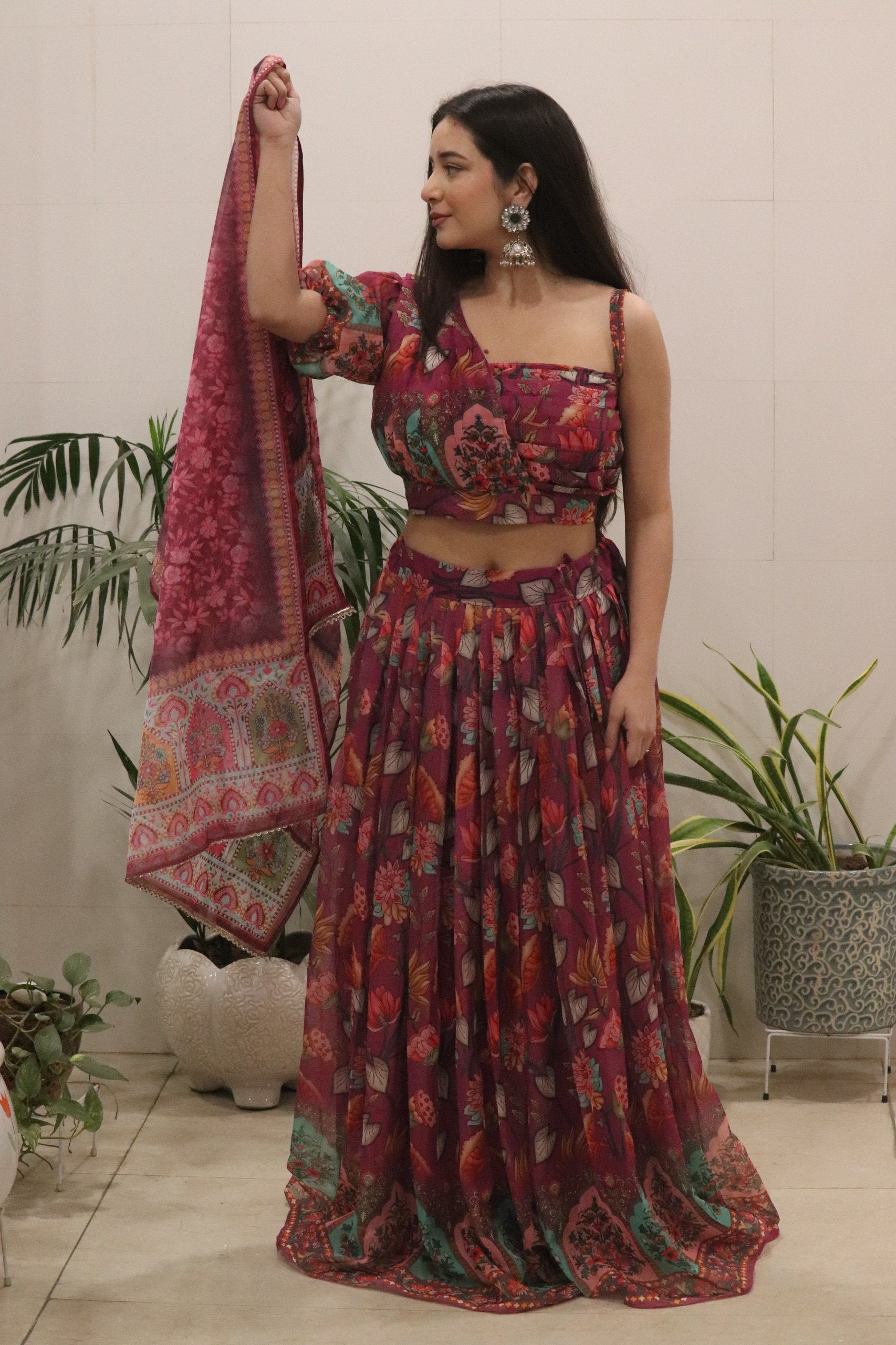 Wine Floral Organza Silk Lehenga Set with Printed Dupatta