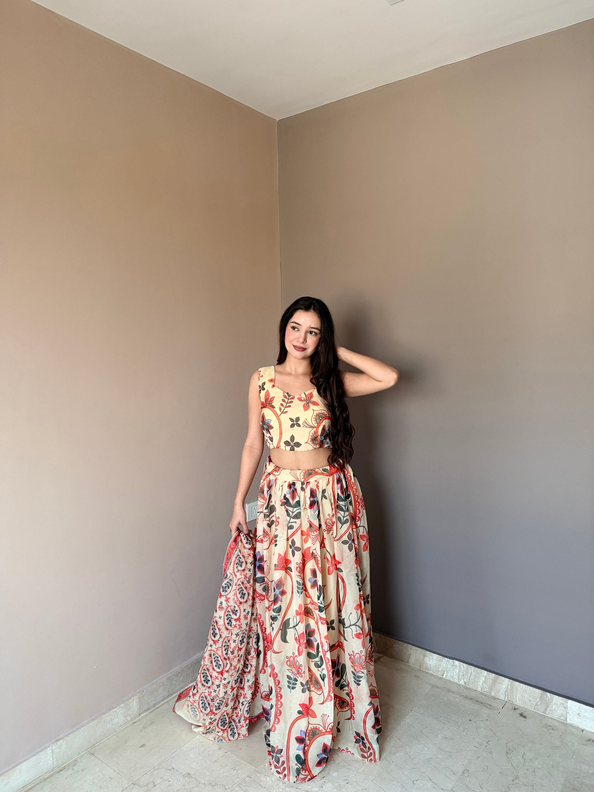 Floral Printed Lehenga Set with Designer Blouse & Dupatta