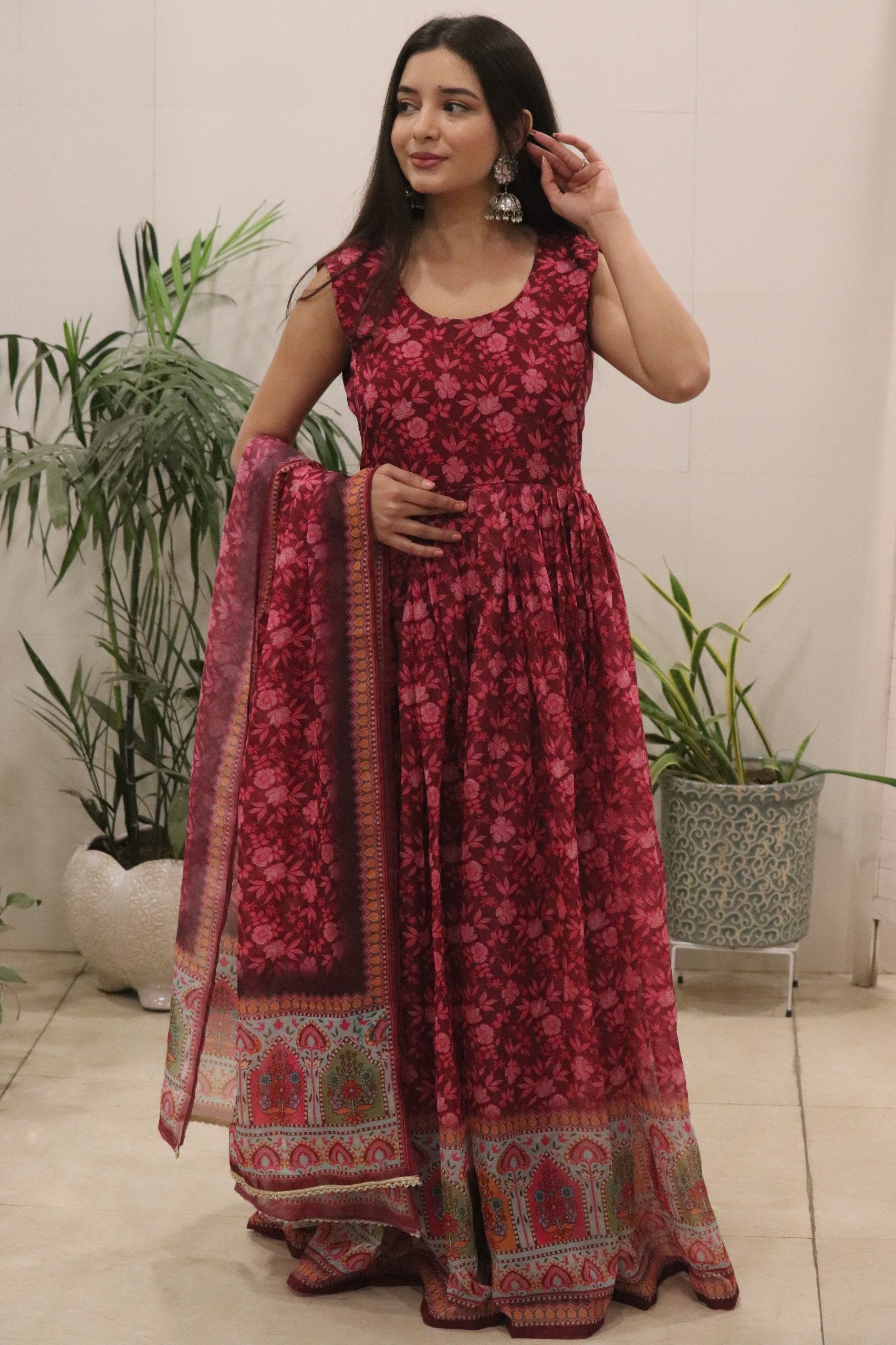 Designer Floral Pure Organza Silk Gown with Dupatta