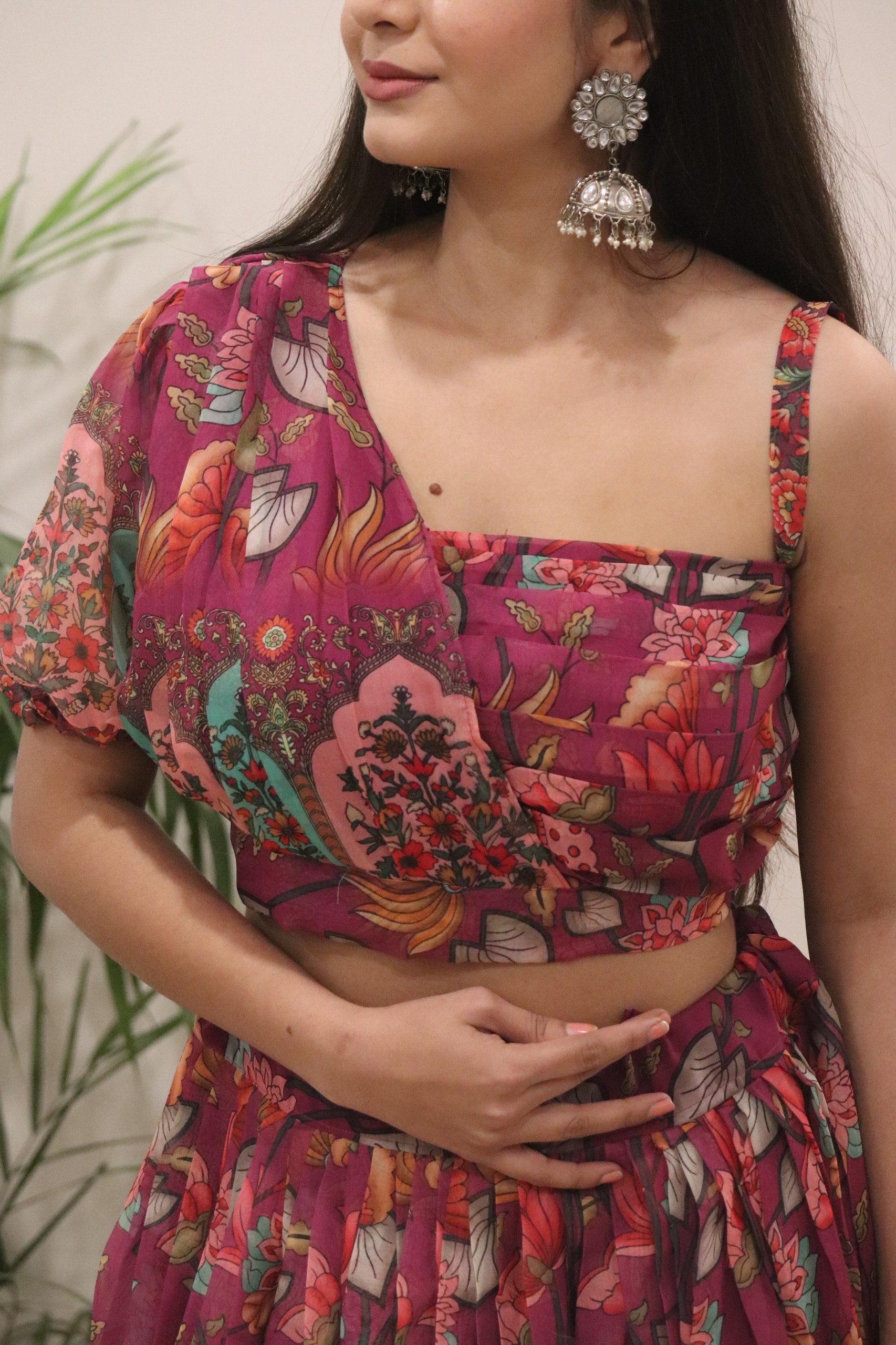 Wine Floral Organza Silk Lehenga Set with Printed Dupatta